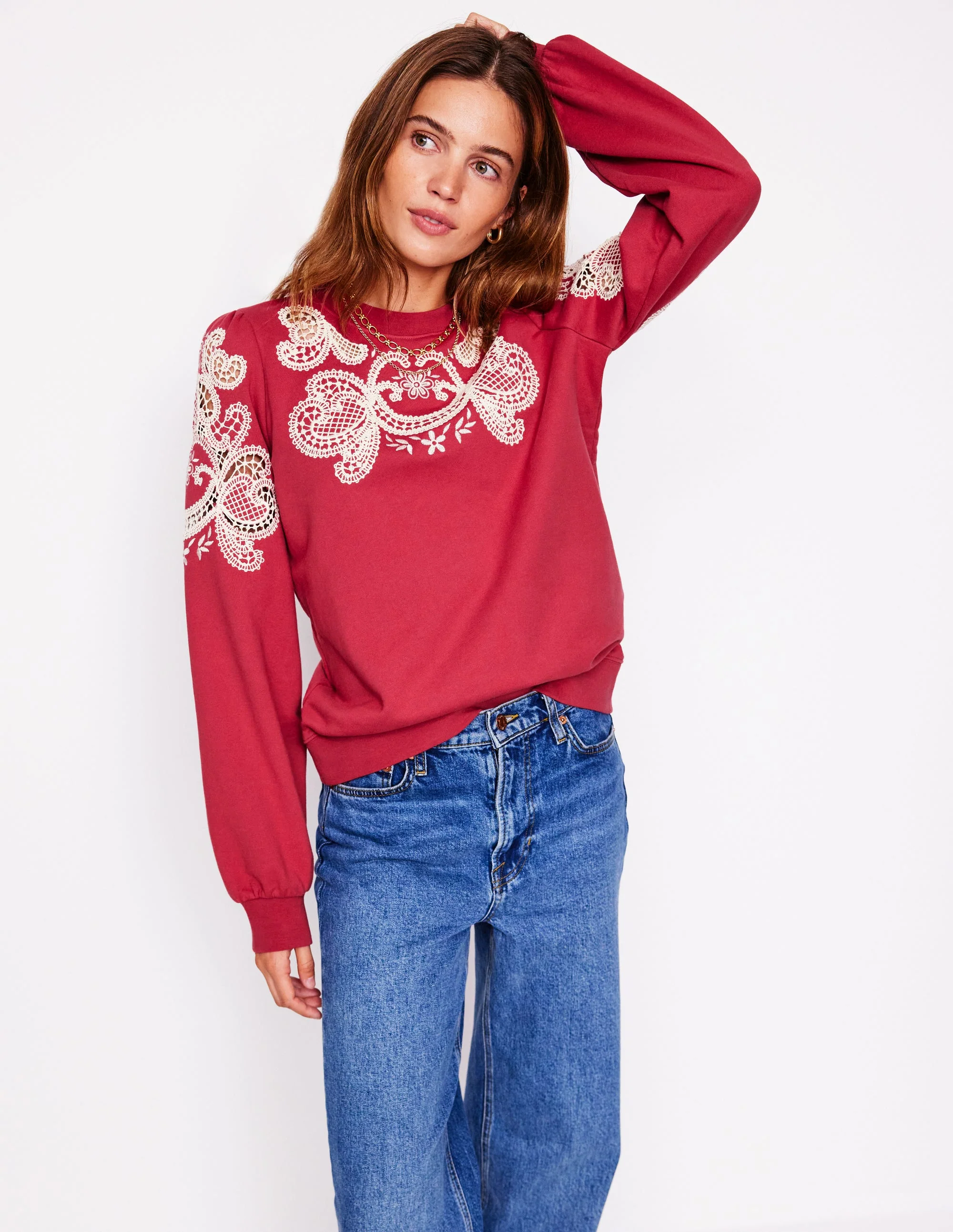 Puff Sleeve Cutwork Sweatshirt-Teracotta