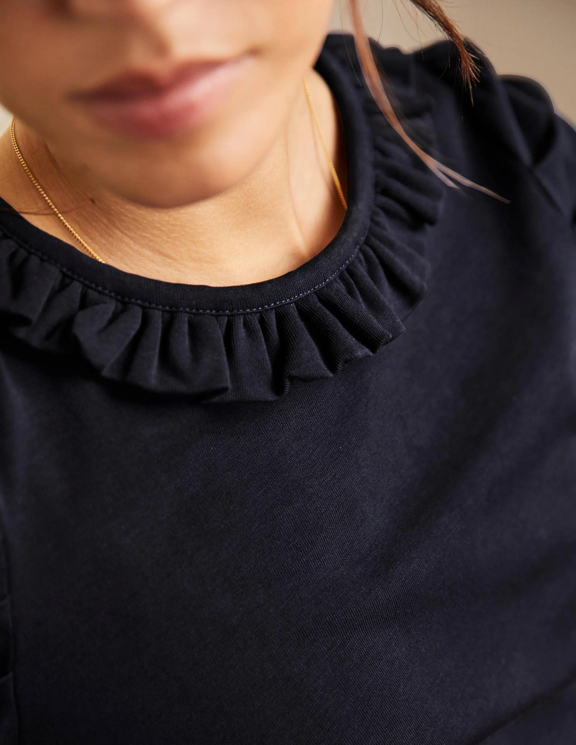 Puff Sleeve Frill Neck T-Shirt-Navy - Image 2