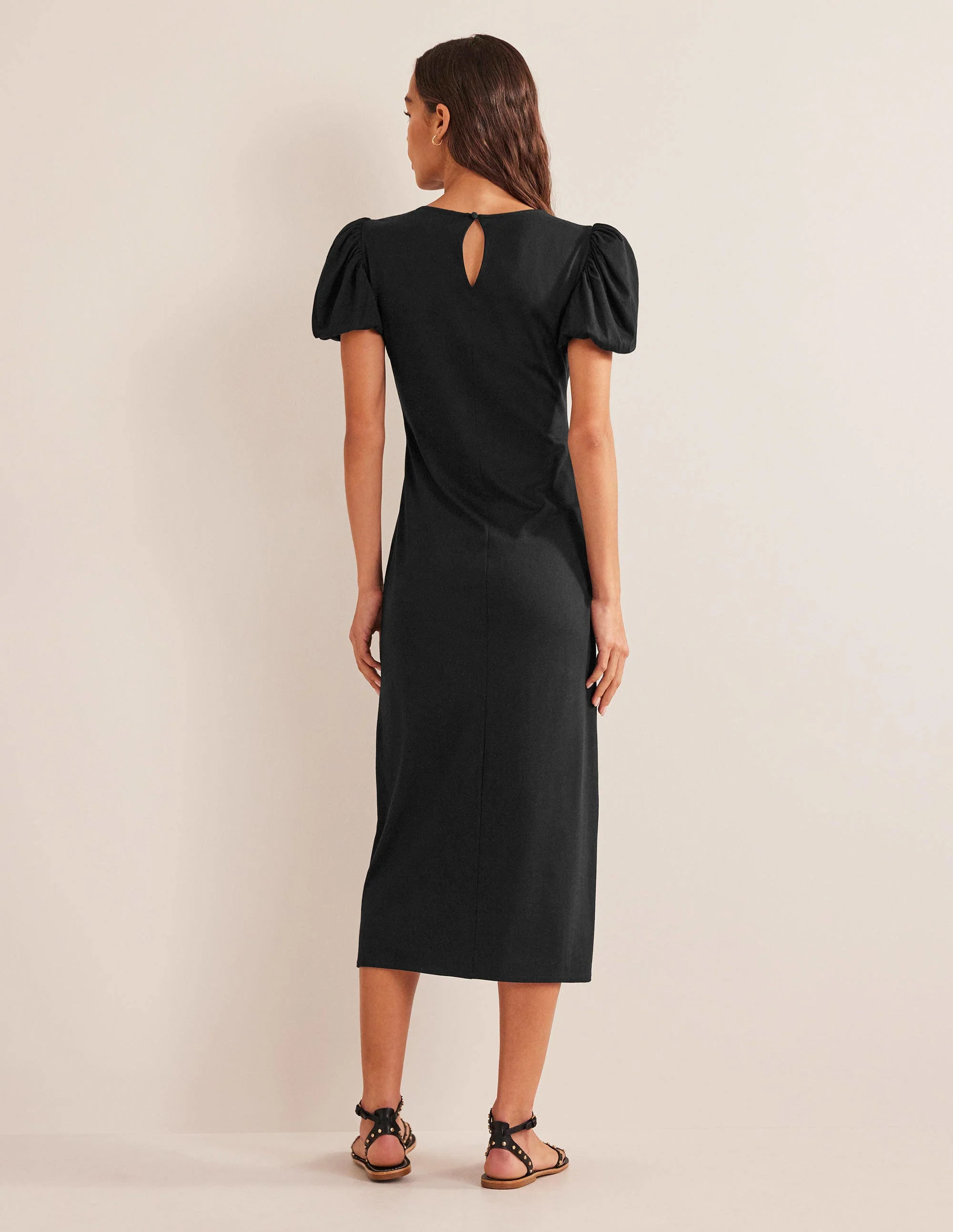 Puff Sleeve Jersey Midi Dress-Black - Image 3