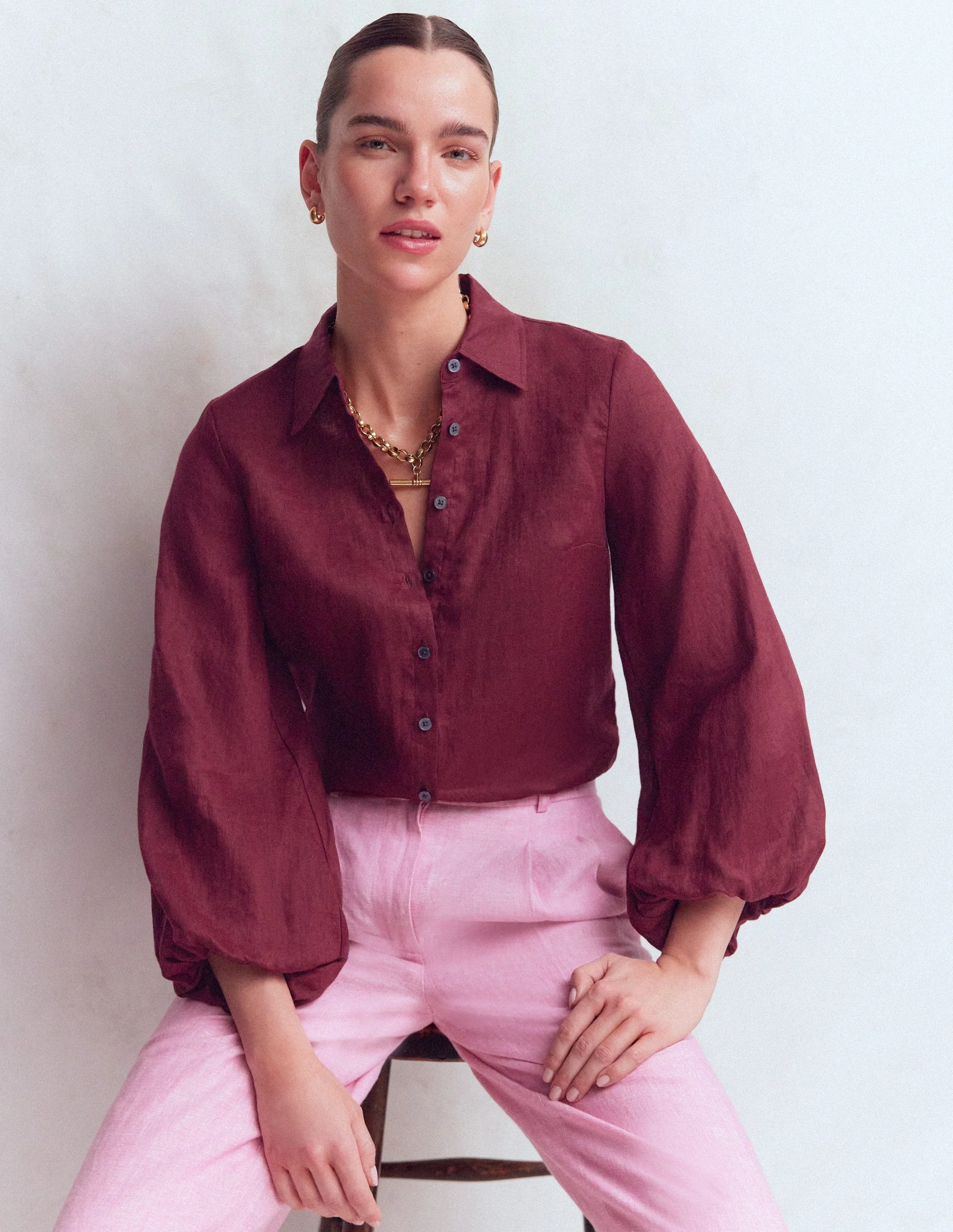 Puff Sleeve Linen Shirt-Deep Wisteria