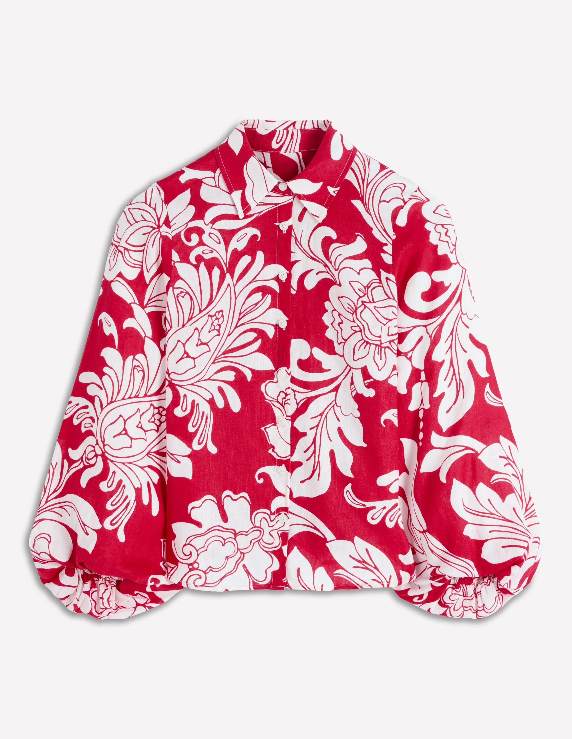 Puff Sleeve Linen Shirt-Merida Red, Botanical Flourish - Image 6