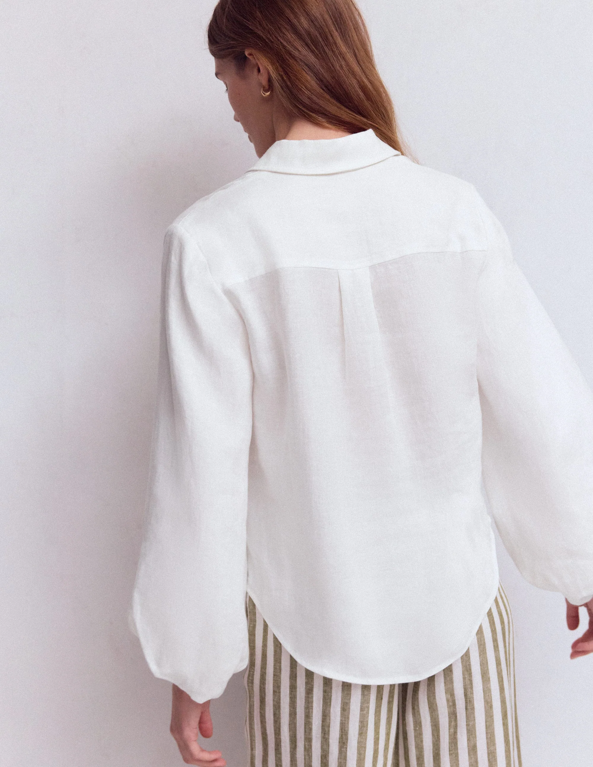 Puff Sleeve Linen Shirt-White - Image 3