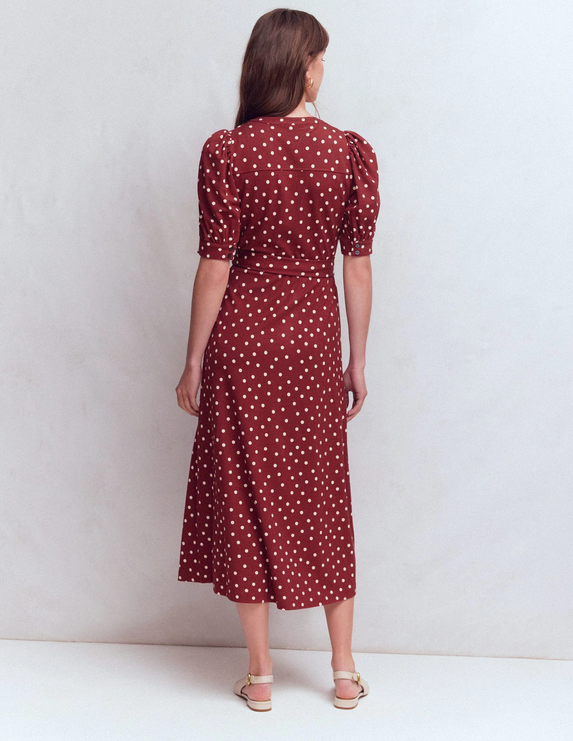 Puff Sleeve Ponte Shirt Dress-Red Pear, Painted Dot - Image 3