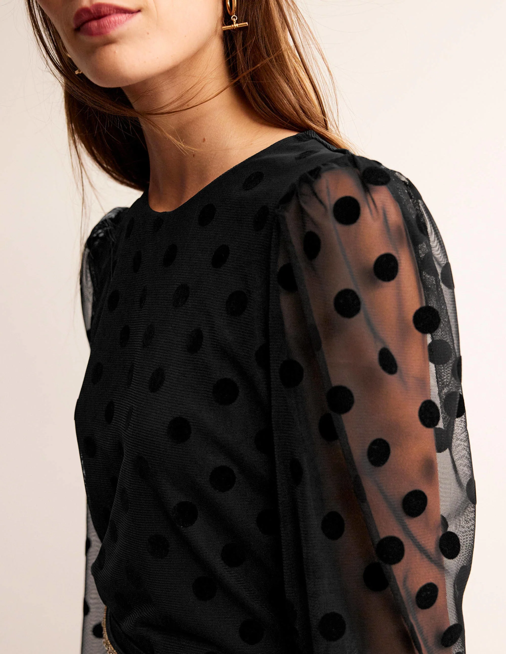 Puff-Sleeve Spotty Tulle Top-Black - Image 2