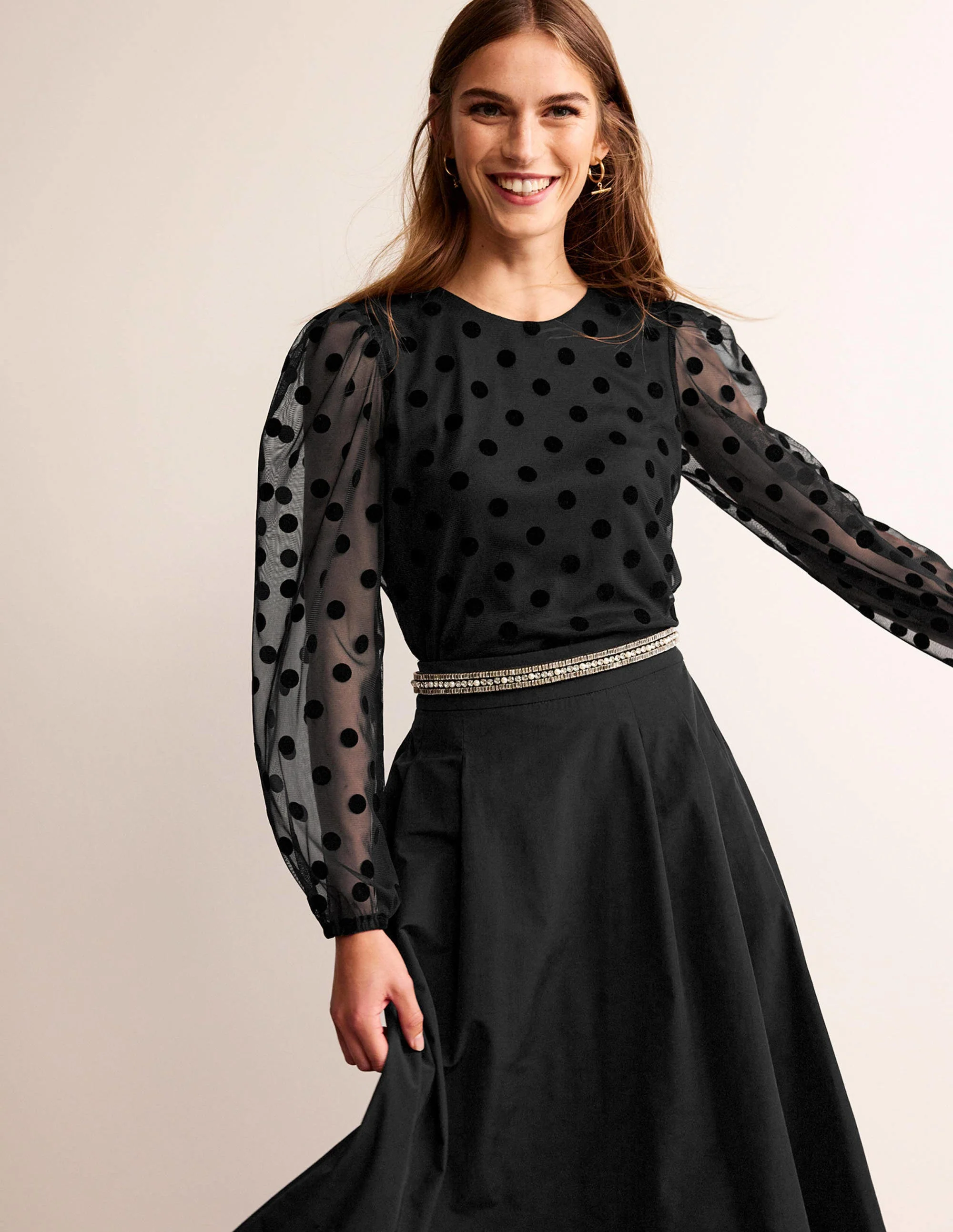 Puff-Sleeve Spotty Tulle Top-Black - Image 4