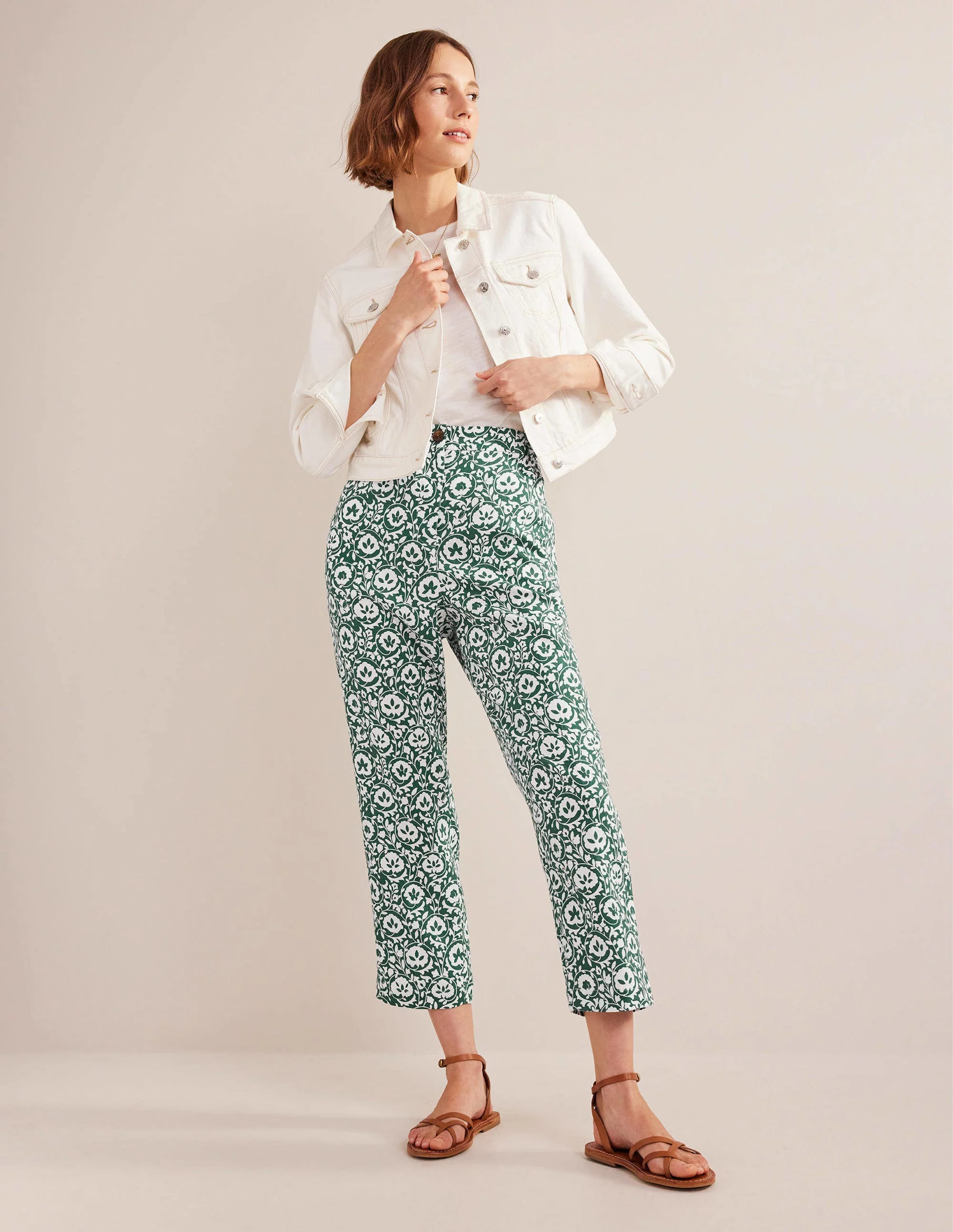Pull-on Linen Pants-Green, Enchanting Bloom