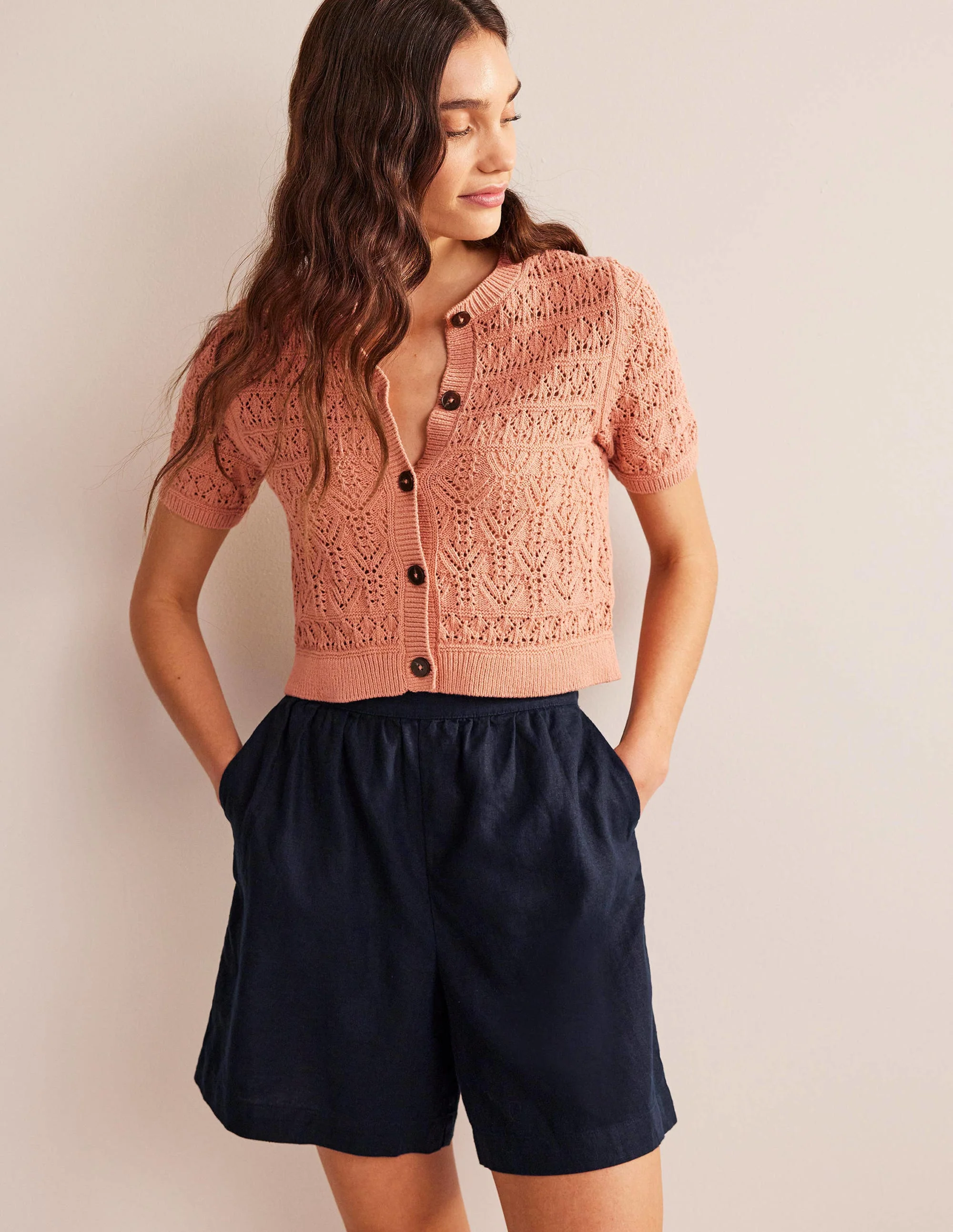 Pull-on Linen Shorts-Navy