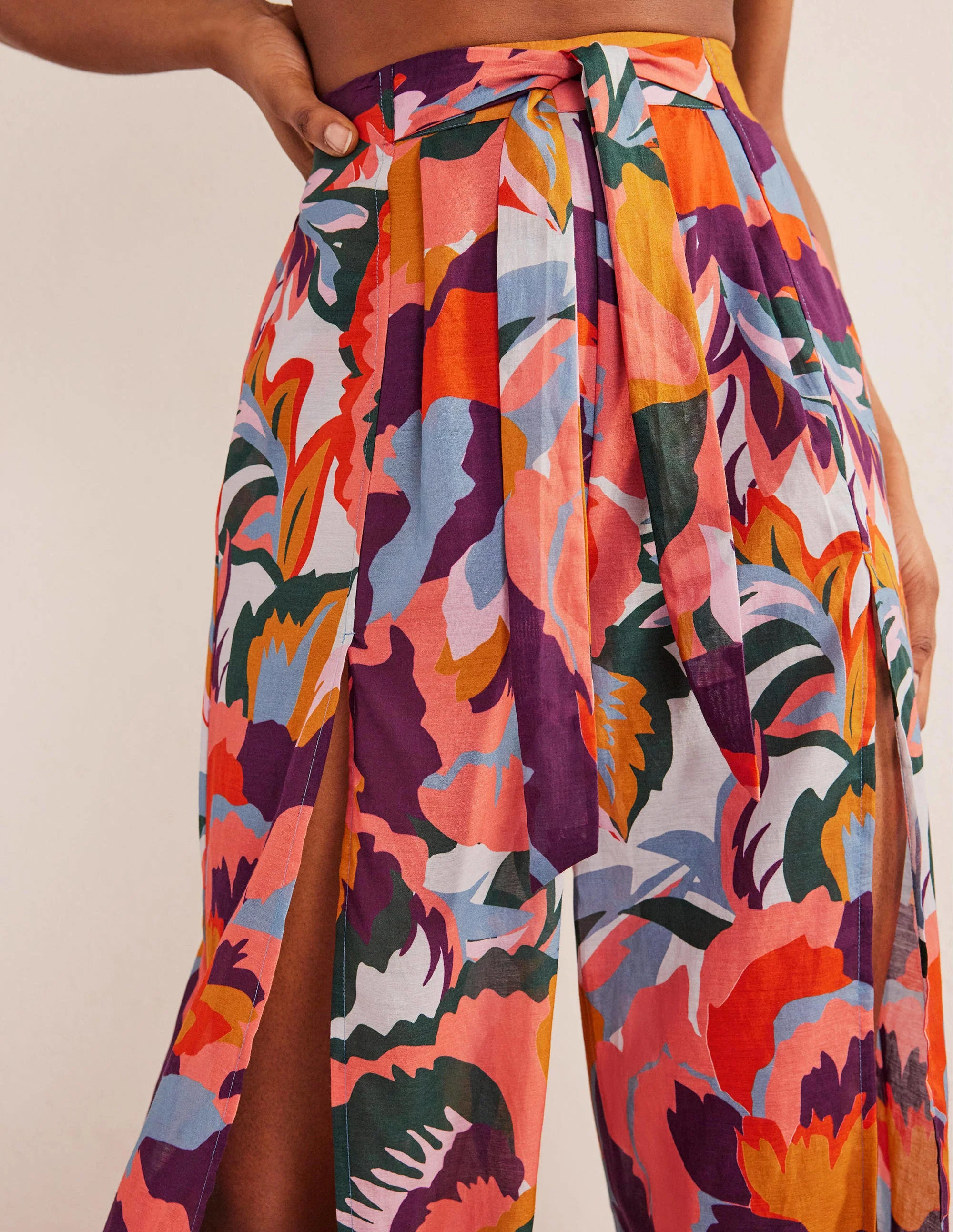 Pull On Side Split Pants-Multi, Ikat
