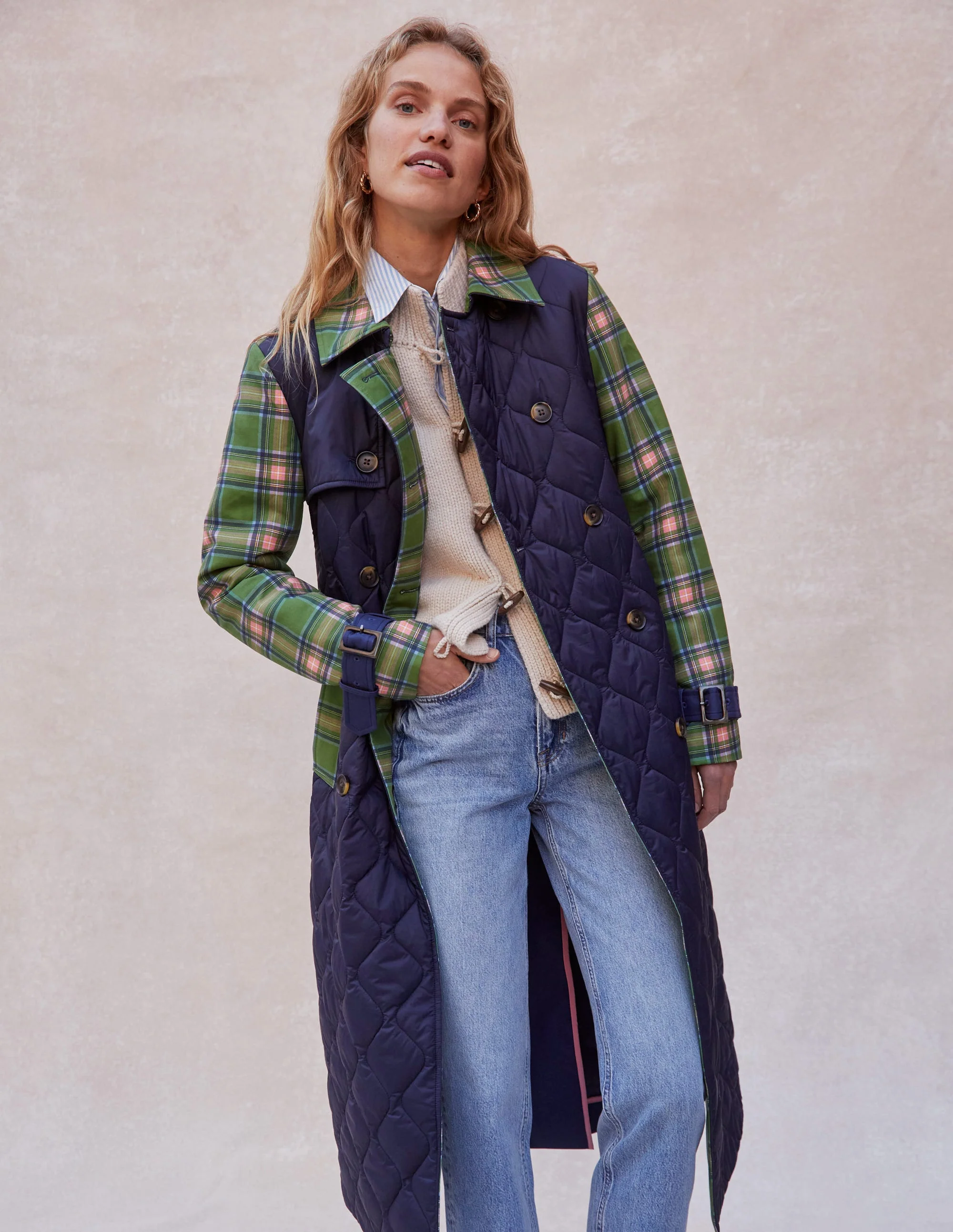 Quilted Trench Coat-Navy - Image 2