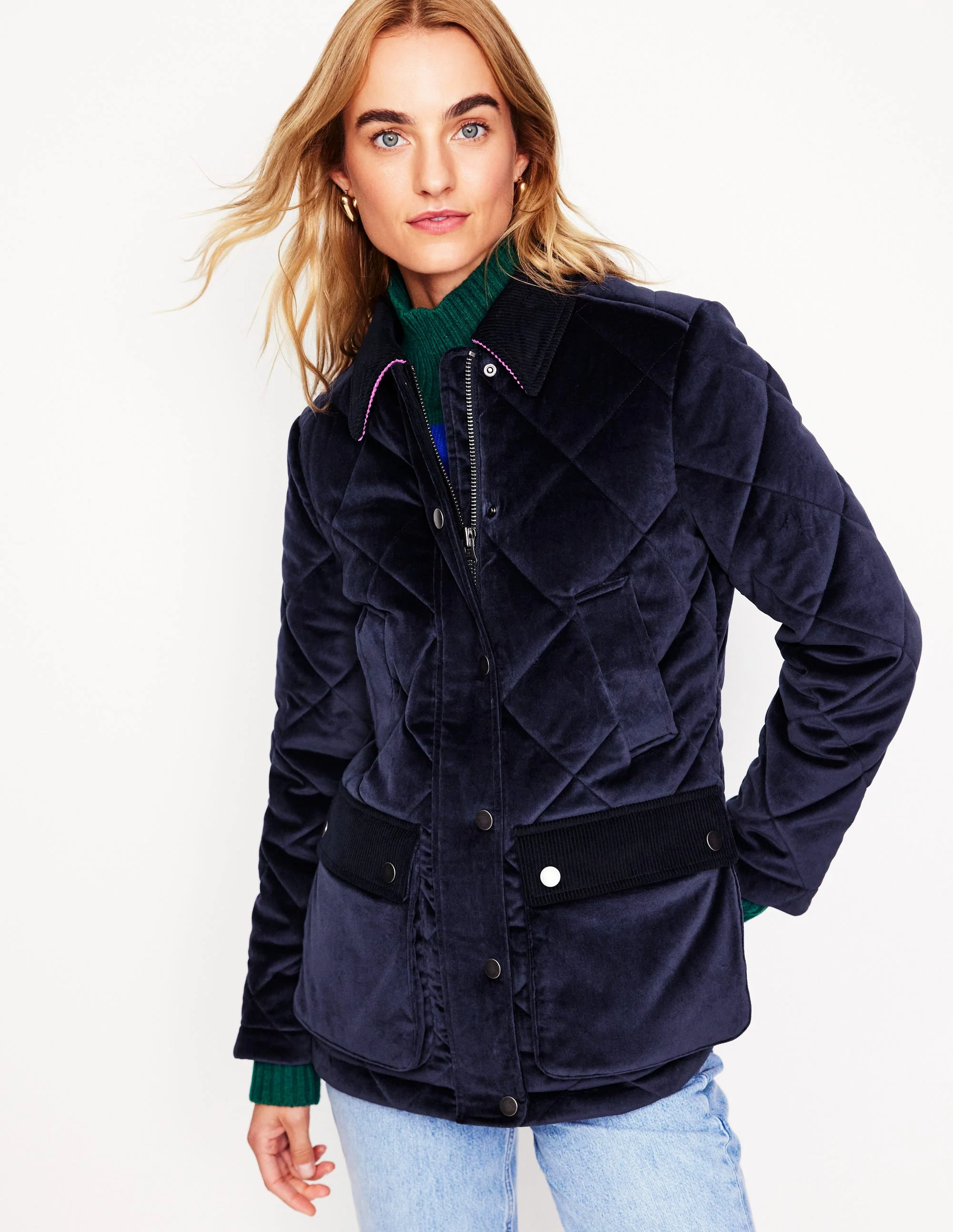Quilted Velvet Jacket-Navy - Image 4