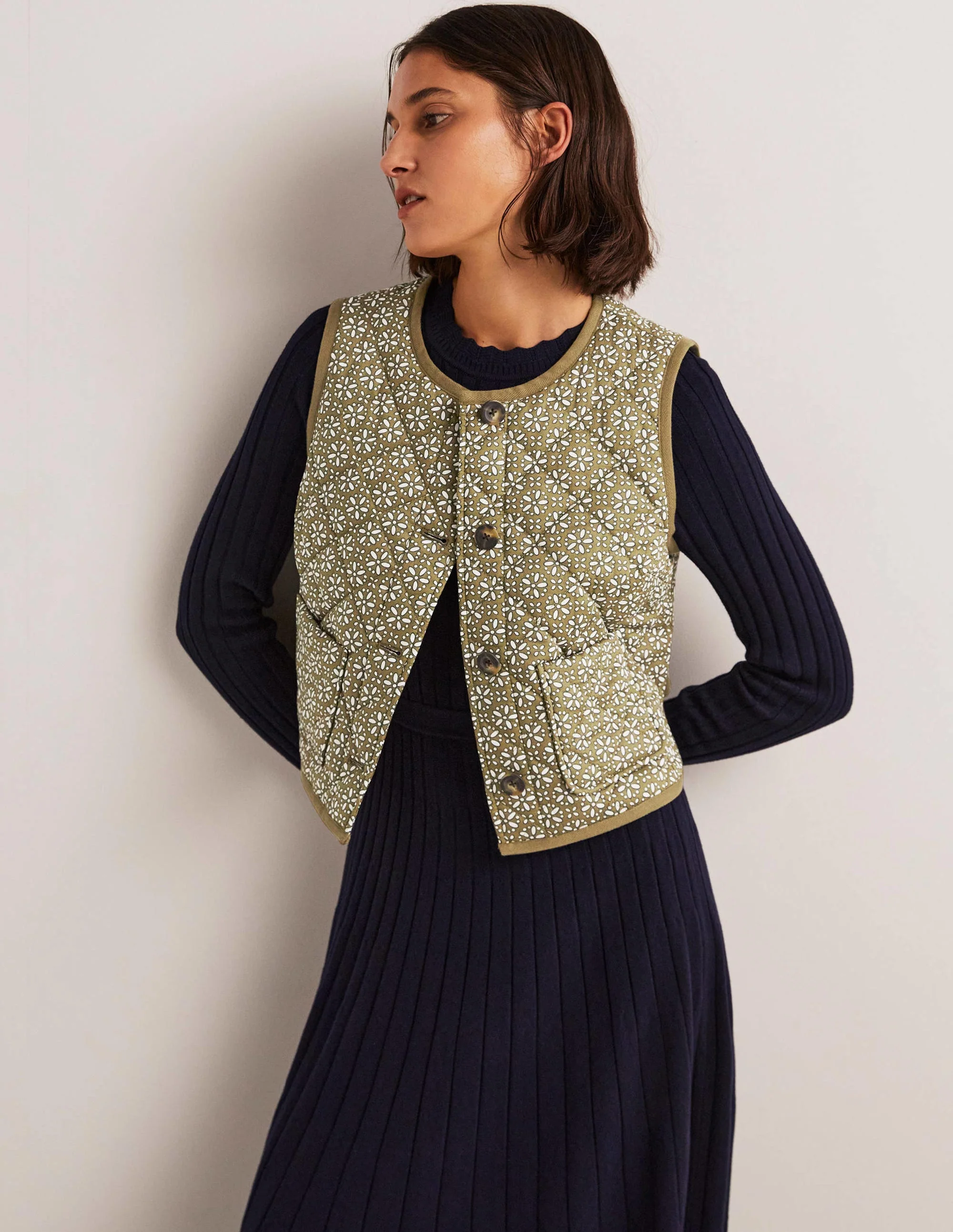 Quilted Vest-Basil Green, Dainty Geo