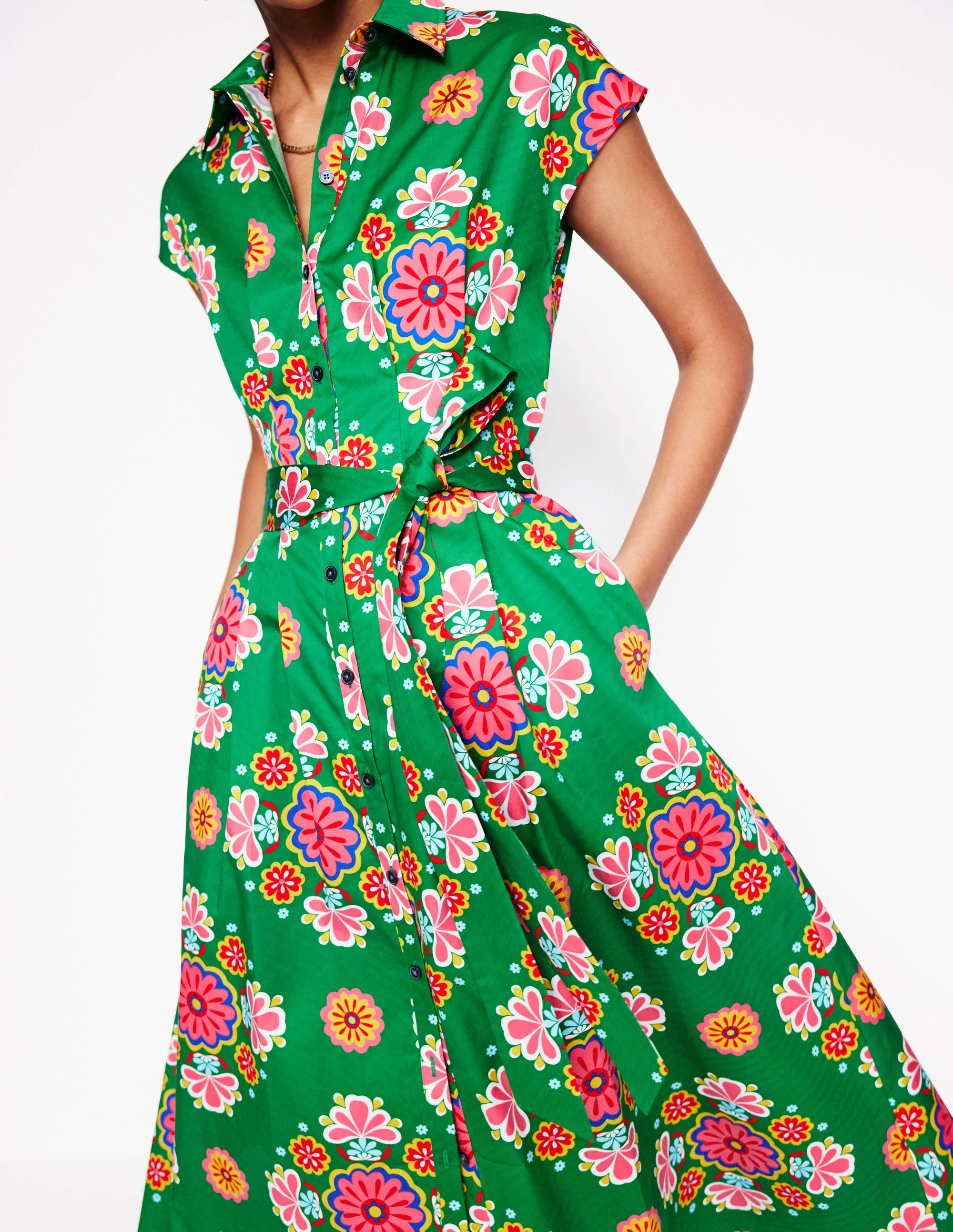 Rachel Cotton Midi Shirt Dress-Rich Emerald, Meadow Posy - Image 2