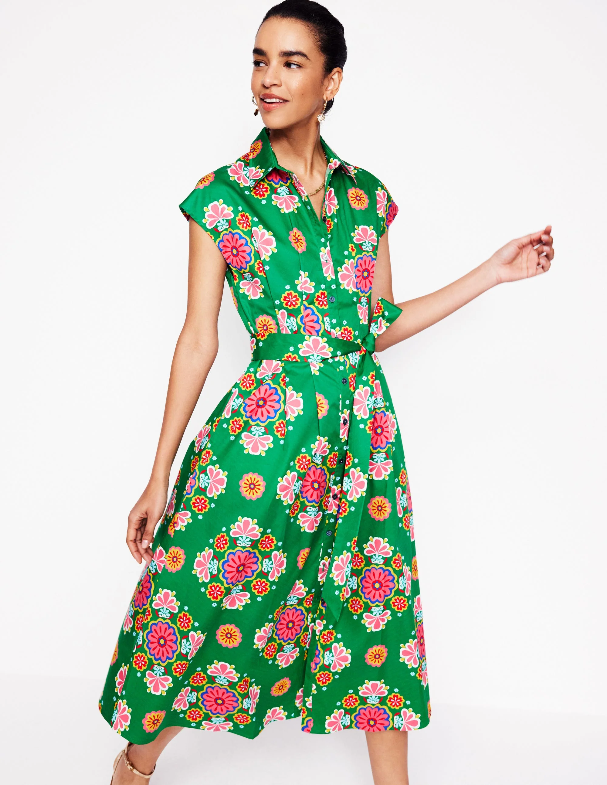 Rachel Cotton Midi Shirt Dress-Rich Emerald, Meadow Posy - Image 4