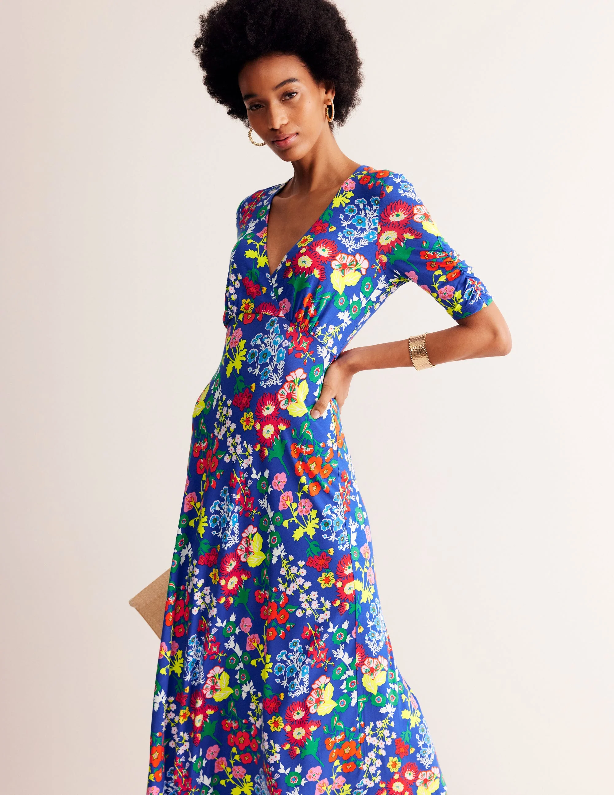 Rebecca Jersey Midi Tea Dress-Blue, Wildflower Cluster - Image 2