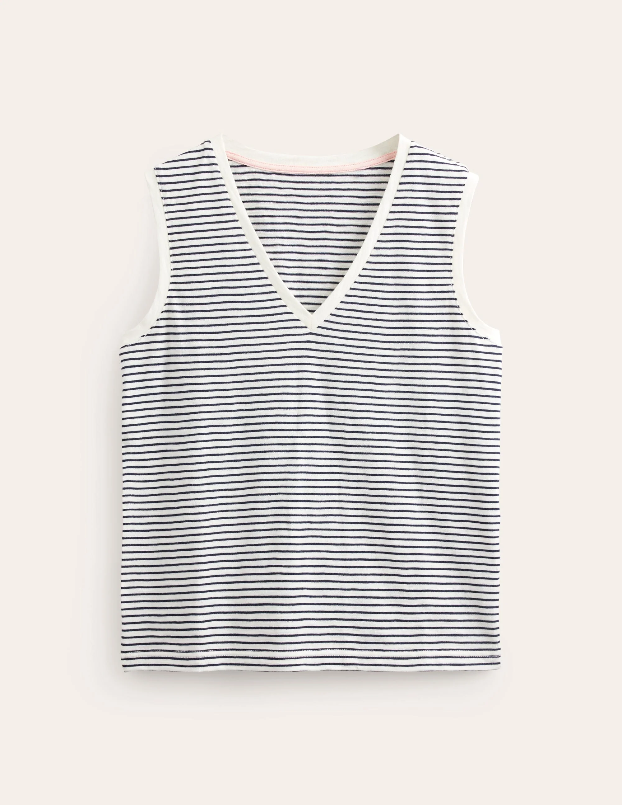 Regular V-neck Slub Vest-Navy, Ivory - Image 6