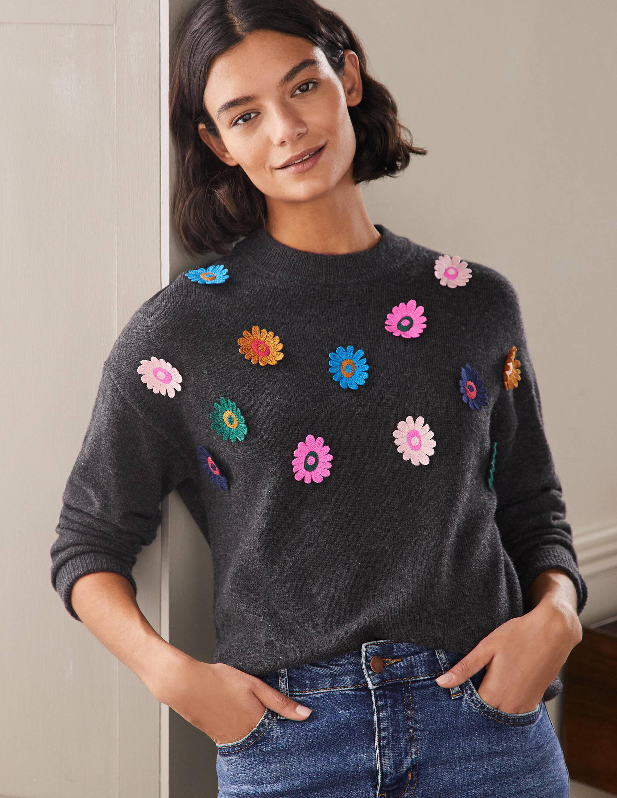 Relaxed Embroidered Sweater-Charcoal Melange, Sunflower