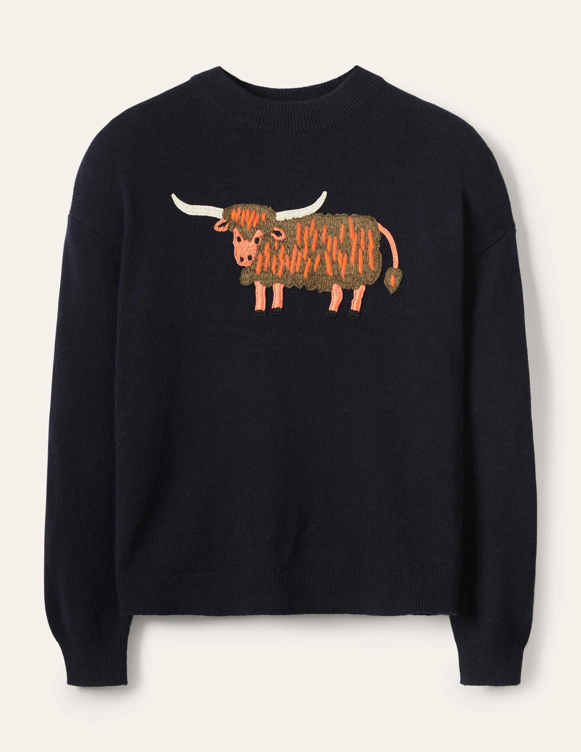 Relaxed Embroidered Sweater-Navy, Highland Cow - Image 5