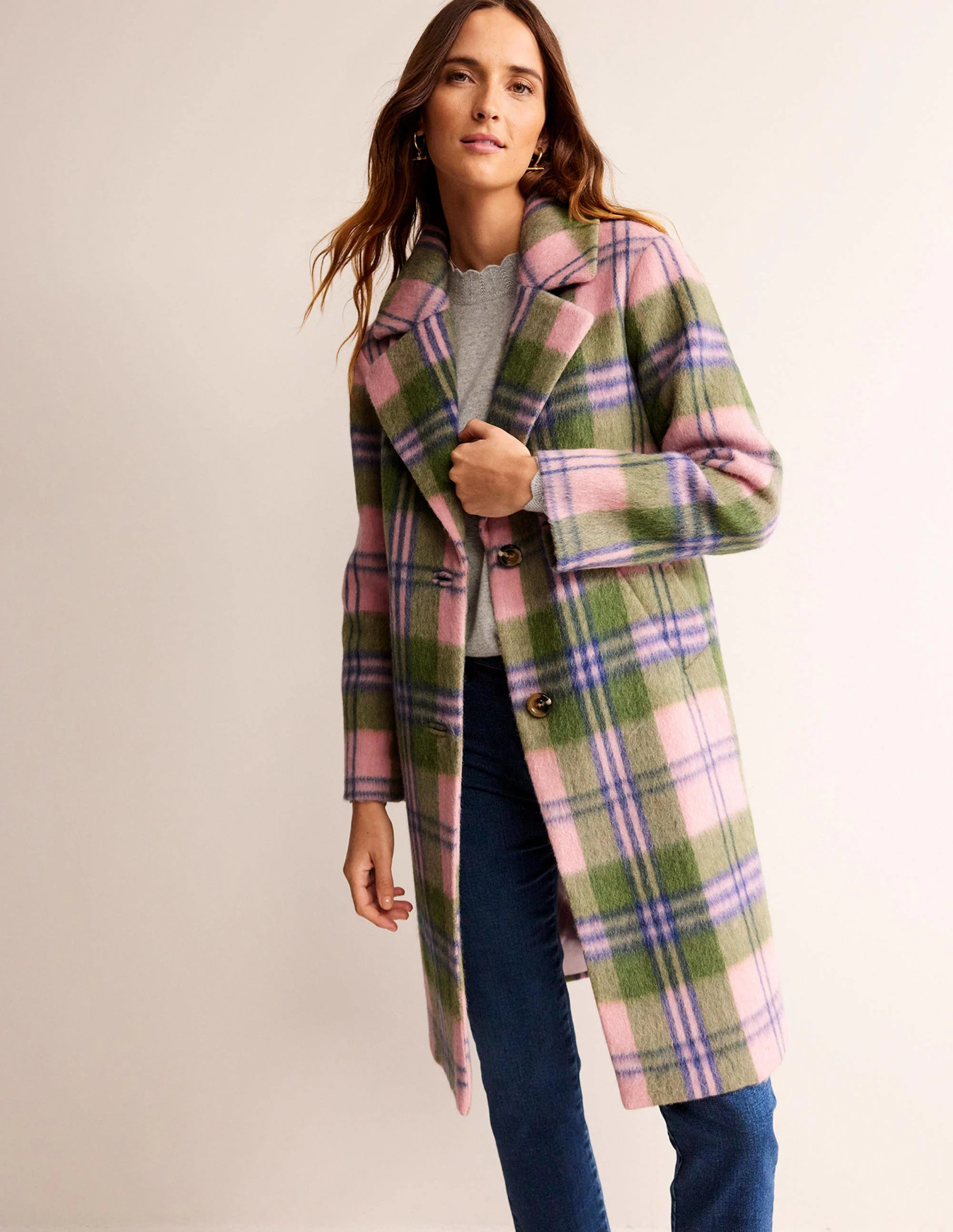 Relaxed-Fit Checked Coat-Pink Check - Image 2