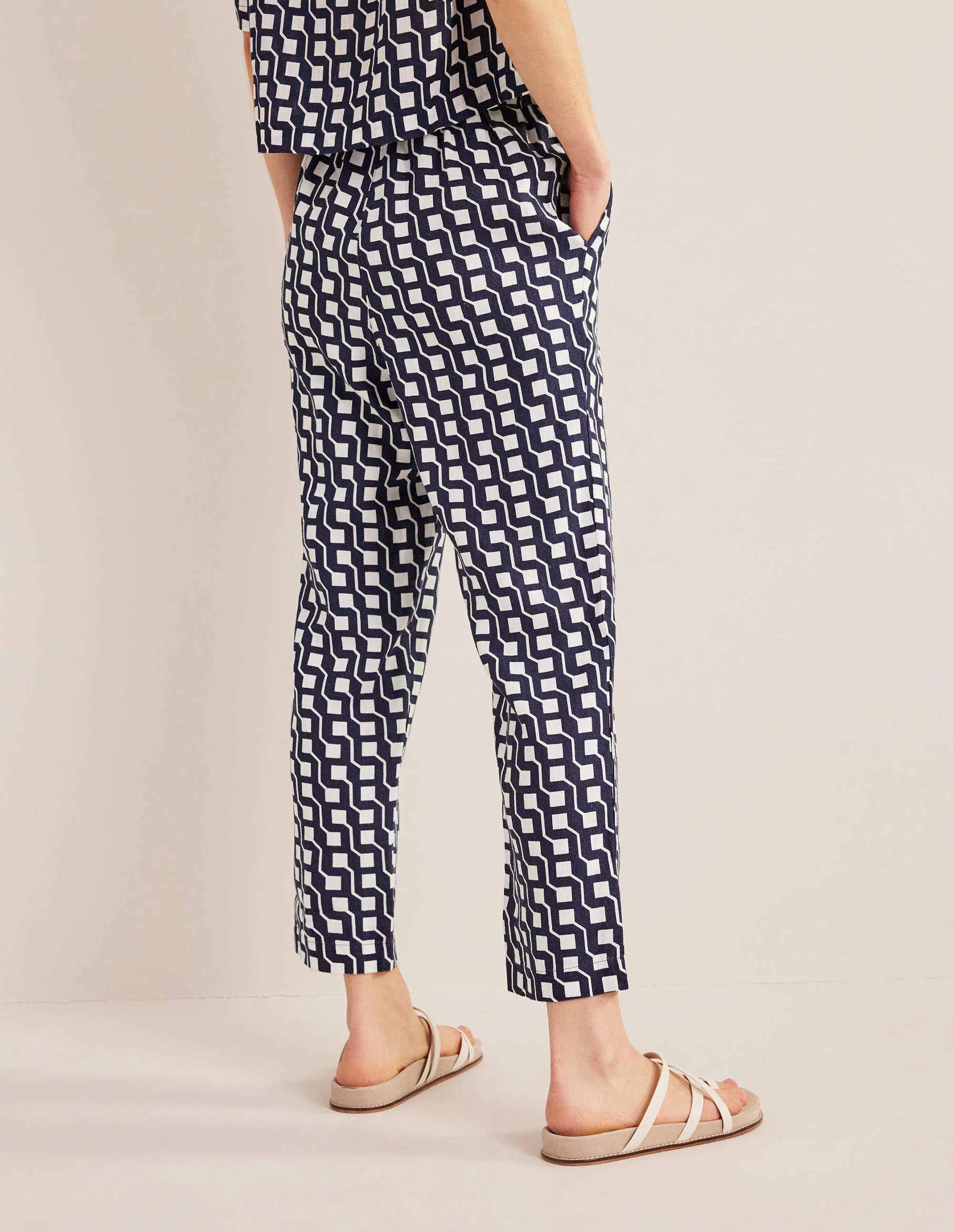 Relaxed Linen Pull On Pants-Navy, Cube Geo - Image 3