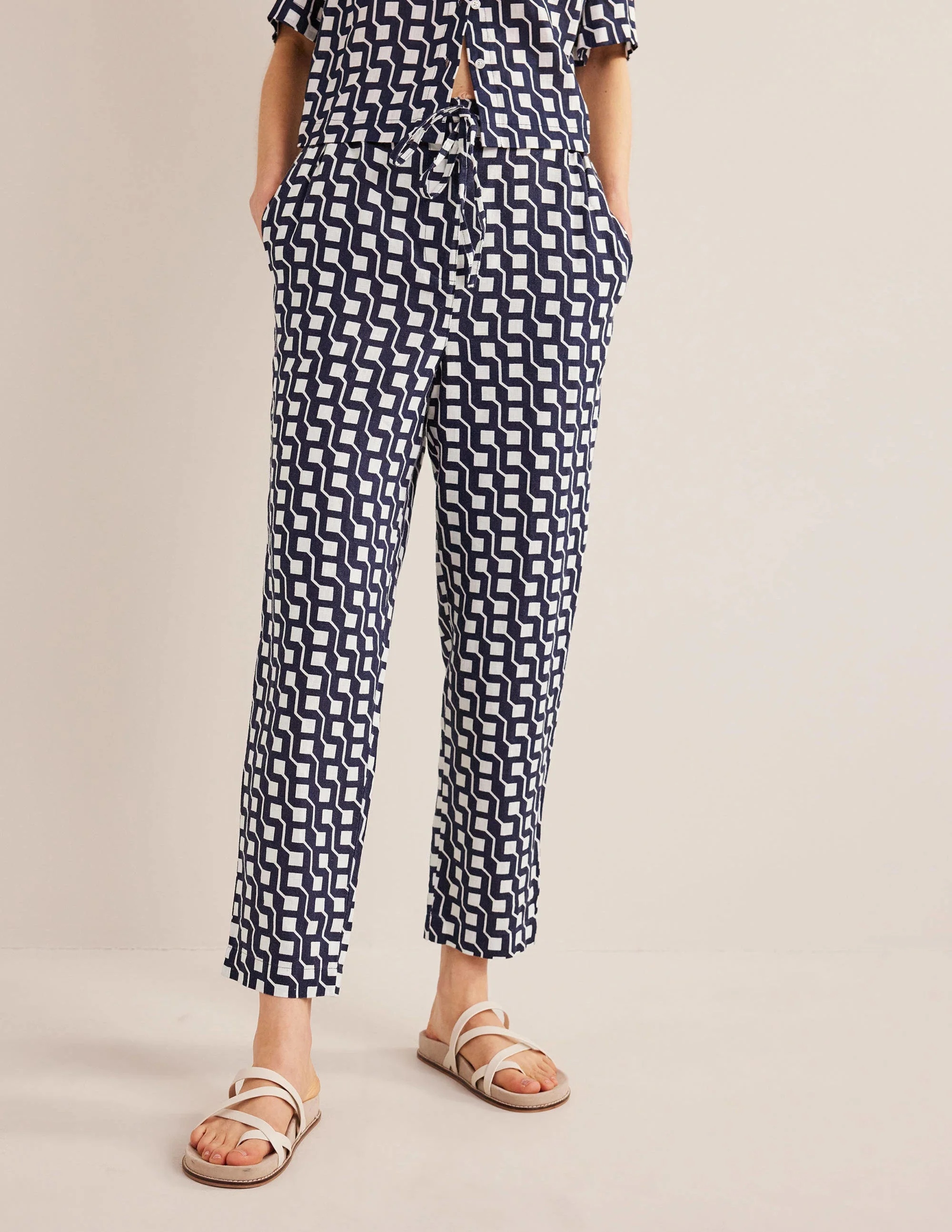 Relaxed Linen Pull On Pants-Navy, Cube Geo - Image 4