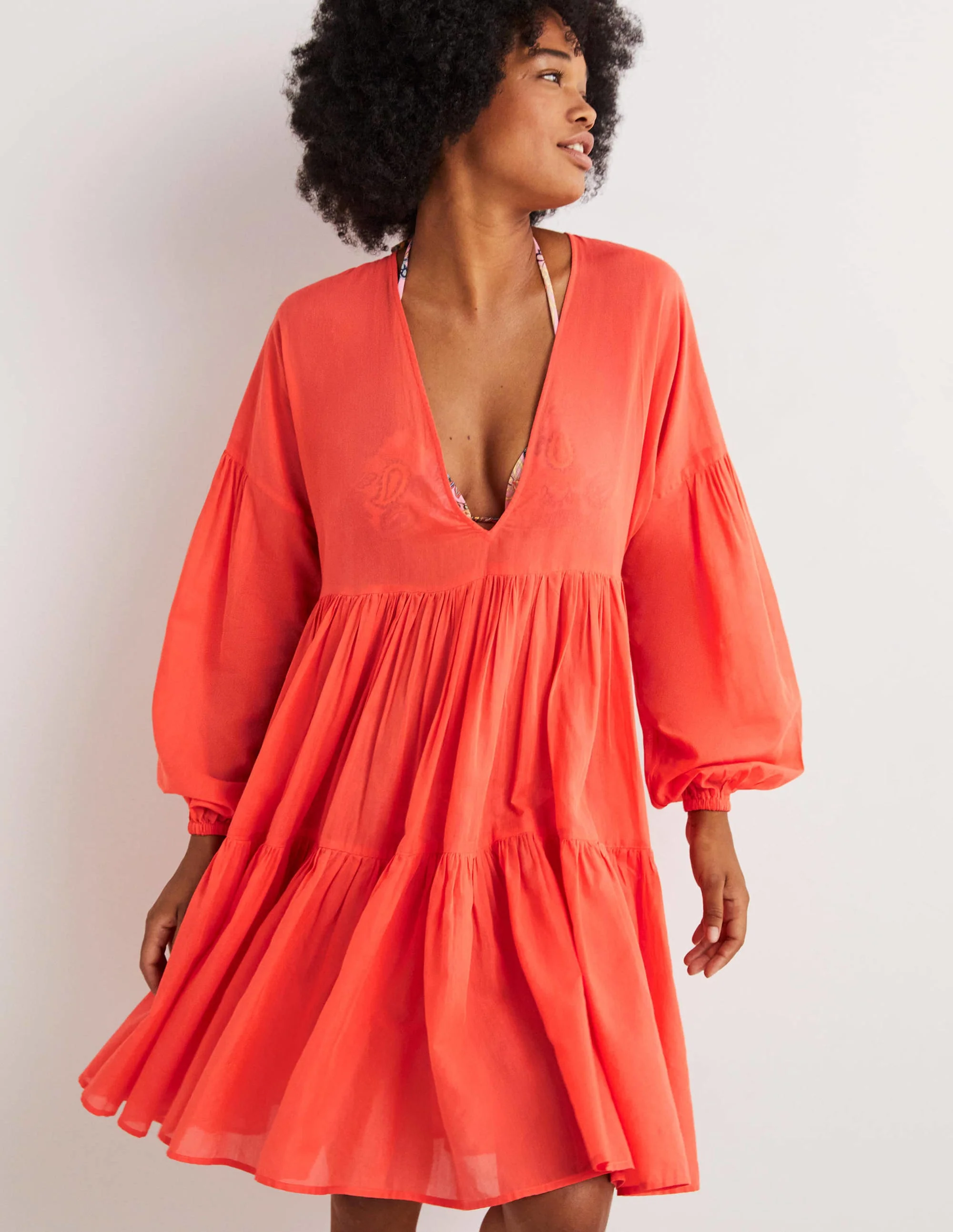 Relaxed Tiered Beach Dress-Hot Coral