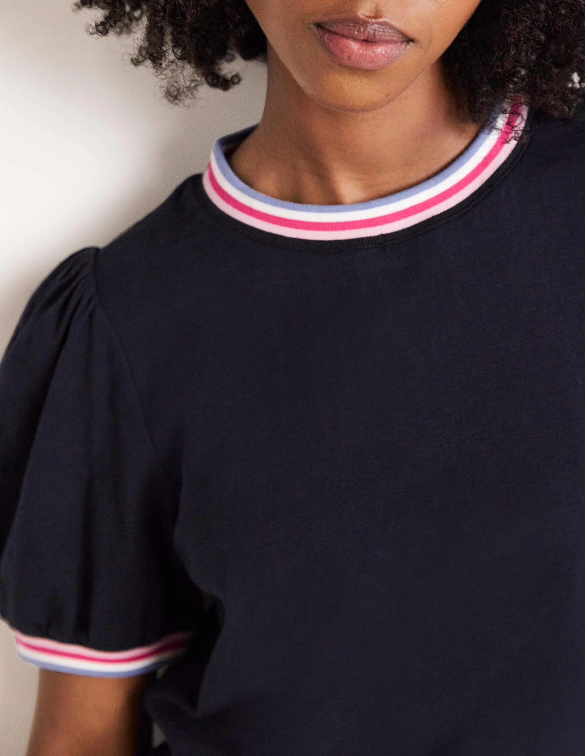 Rib Trim Blouson Top-Navy - Image 2