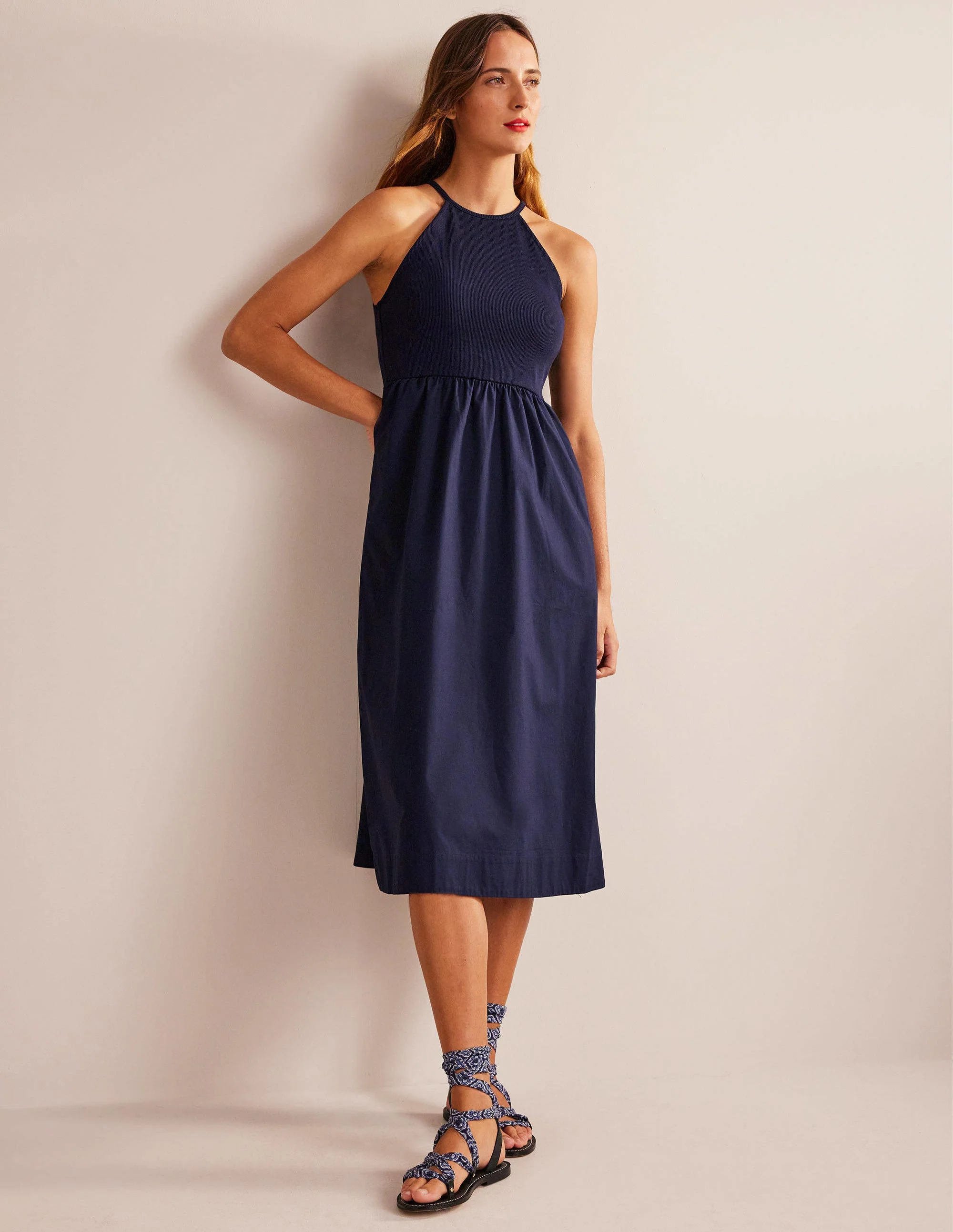 Ribbed Halterneck Midi Dress-Navy - Image 5