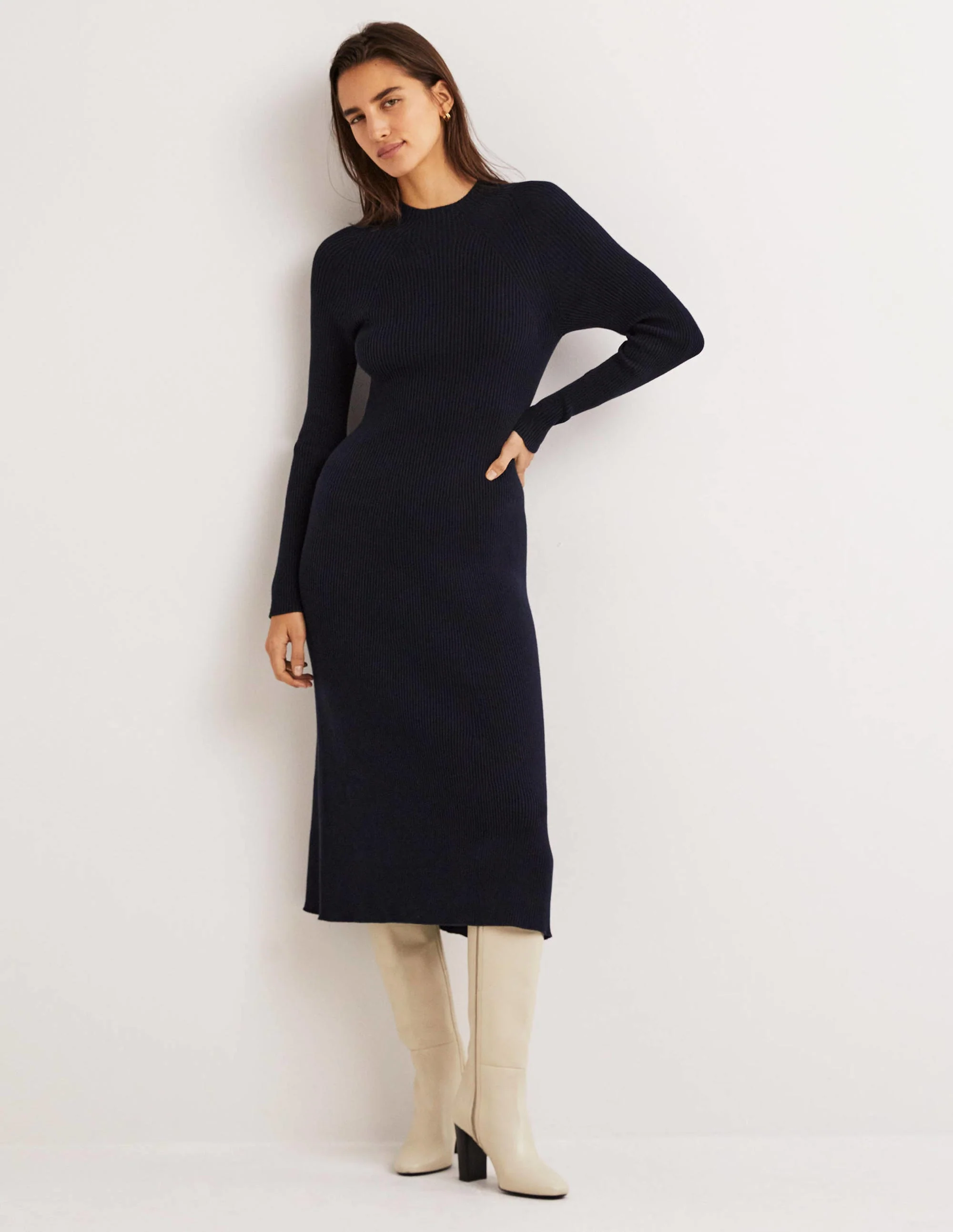 Ribbed Knitted Midi Dress-Navy