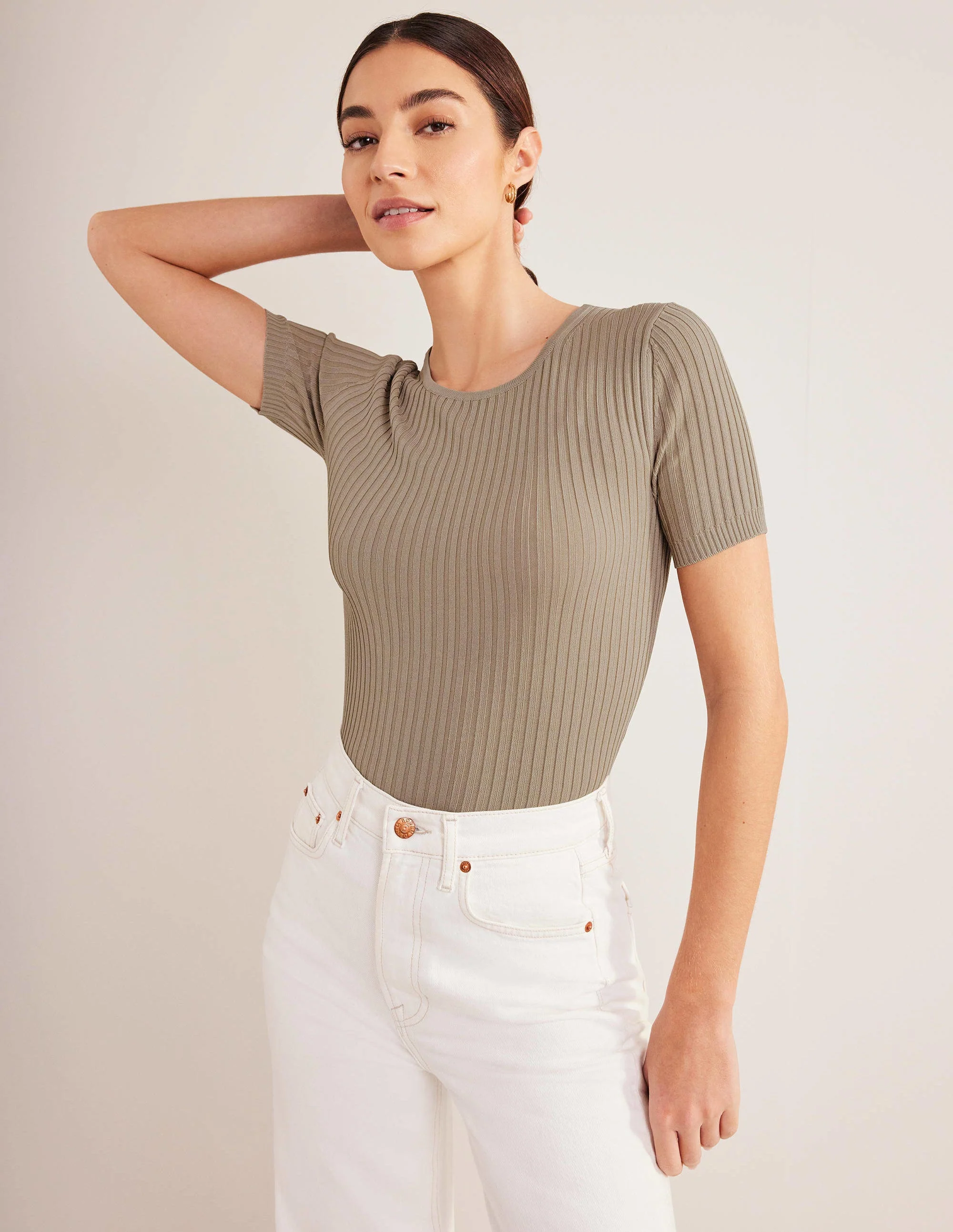 Ribbed Knitted T-Shirt-Stone
