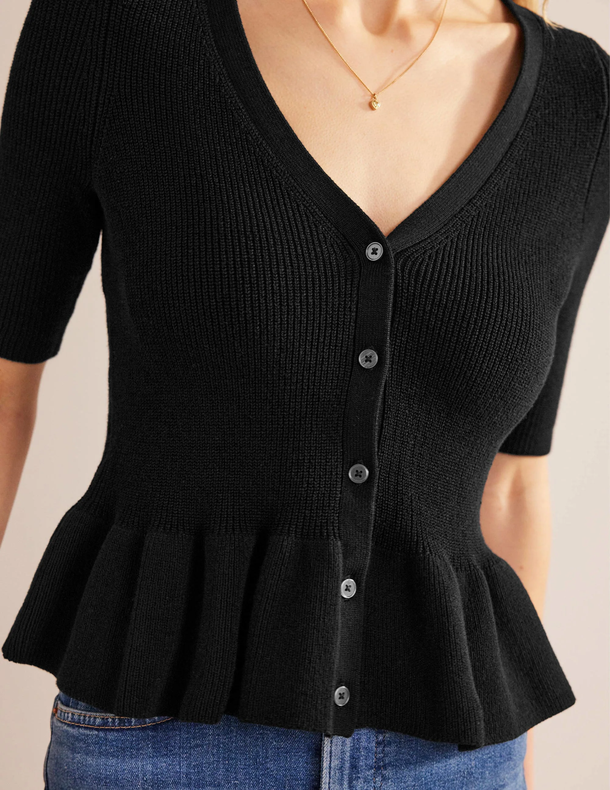 Ribbed Peplum Cardigan-Black - Image 2