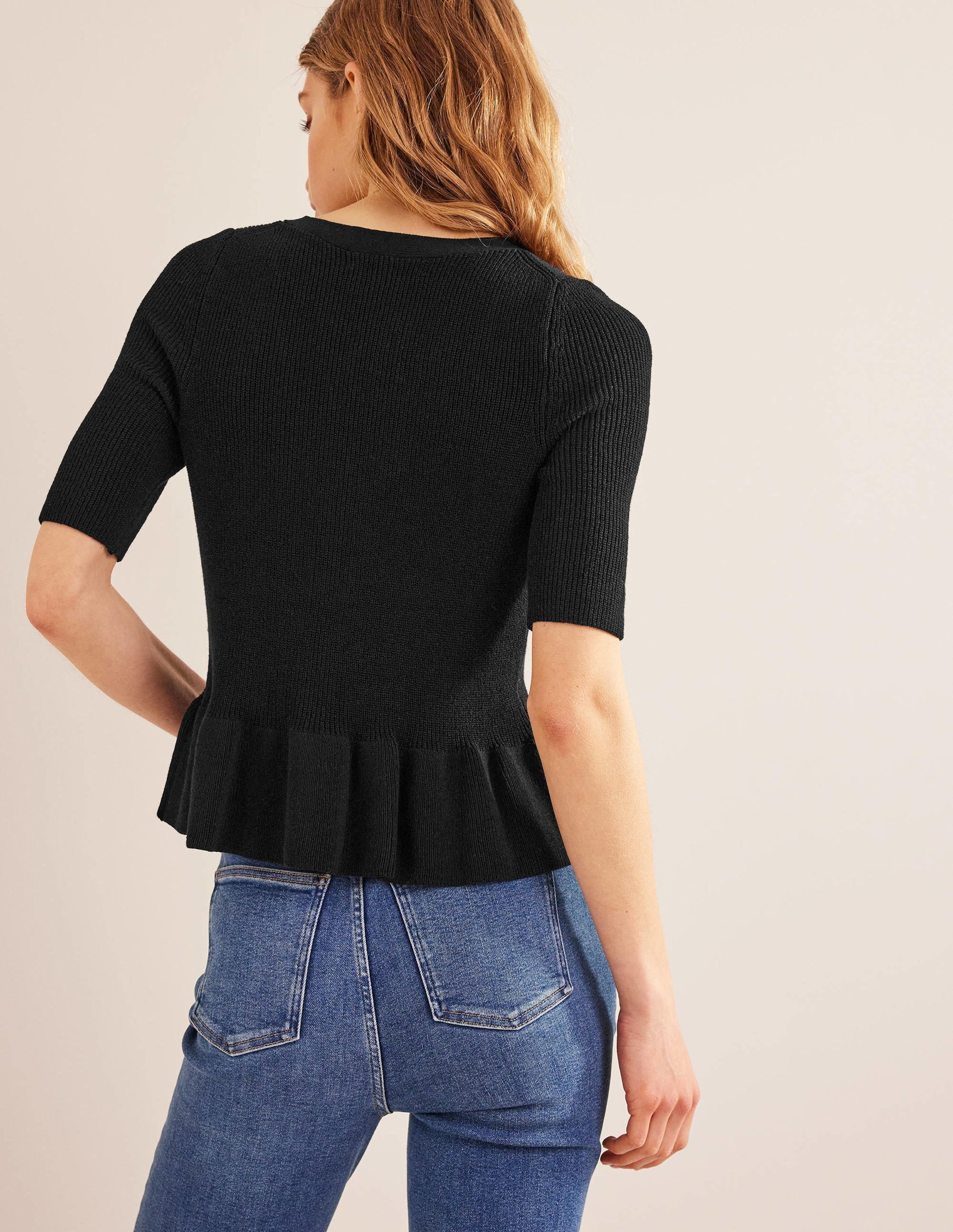 Ribbed Peplum Cardigan-Black - Image 3