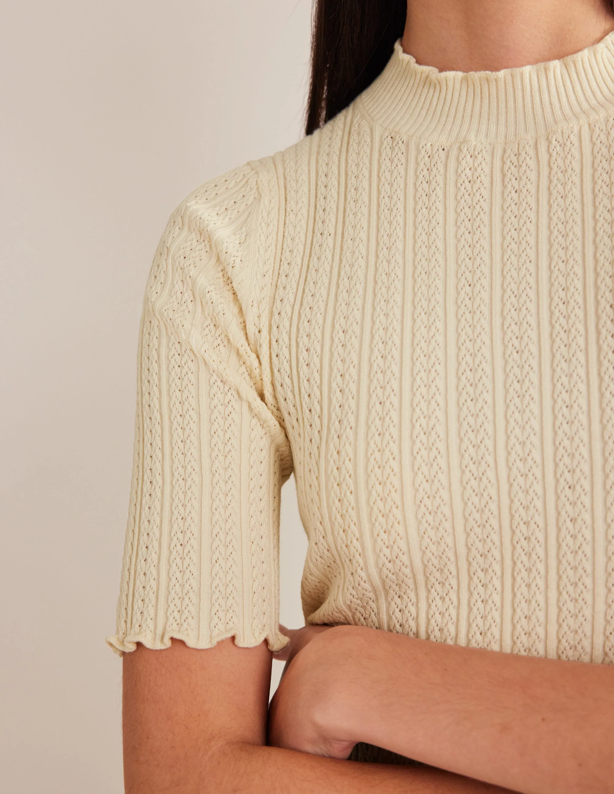 Ribbed Pointelle High Neck Top-Warm Ivory - Image 2