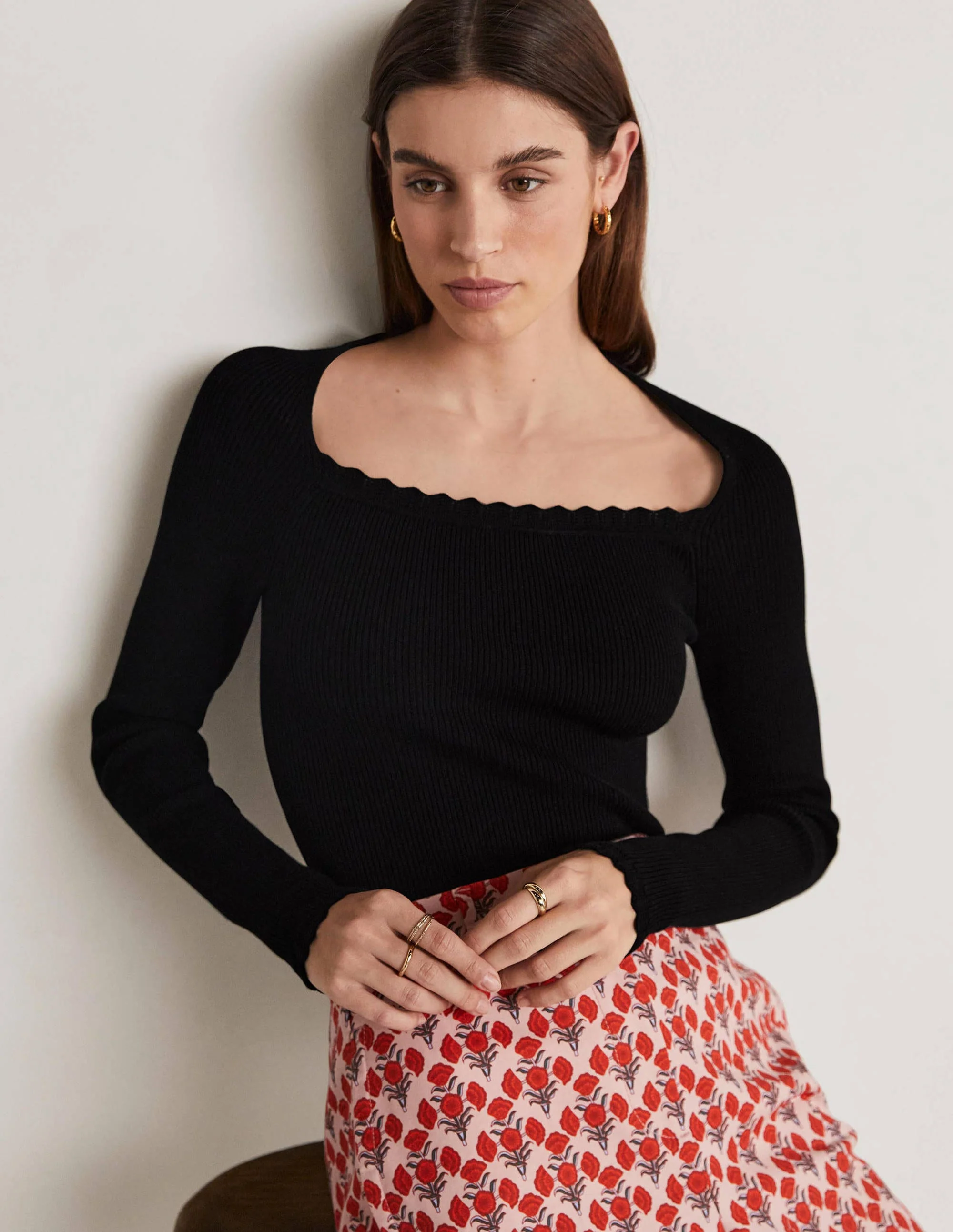 Ribbed Square Neck Knitted Top-Black - Image 4