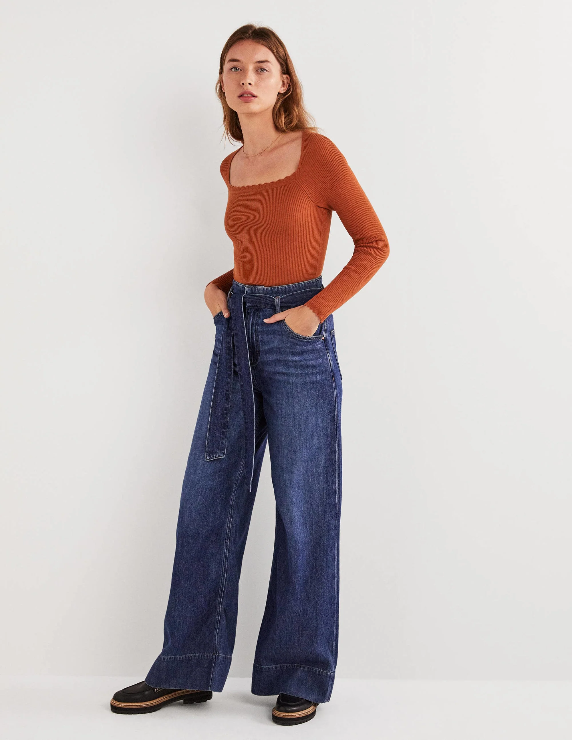 Ribbed Square Neck Knitted Top-Rust - Image 5
