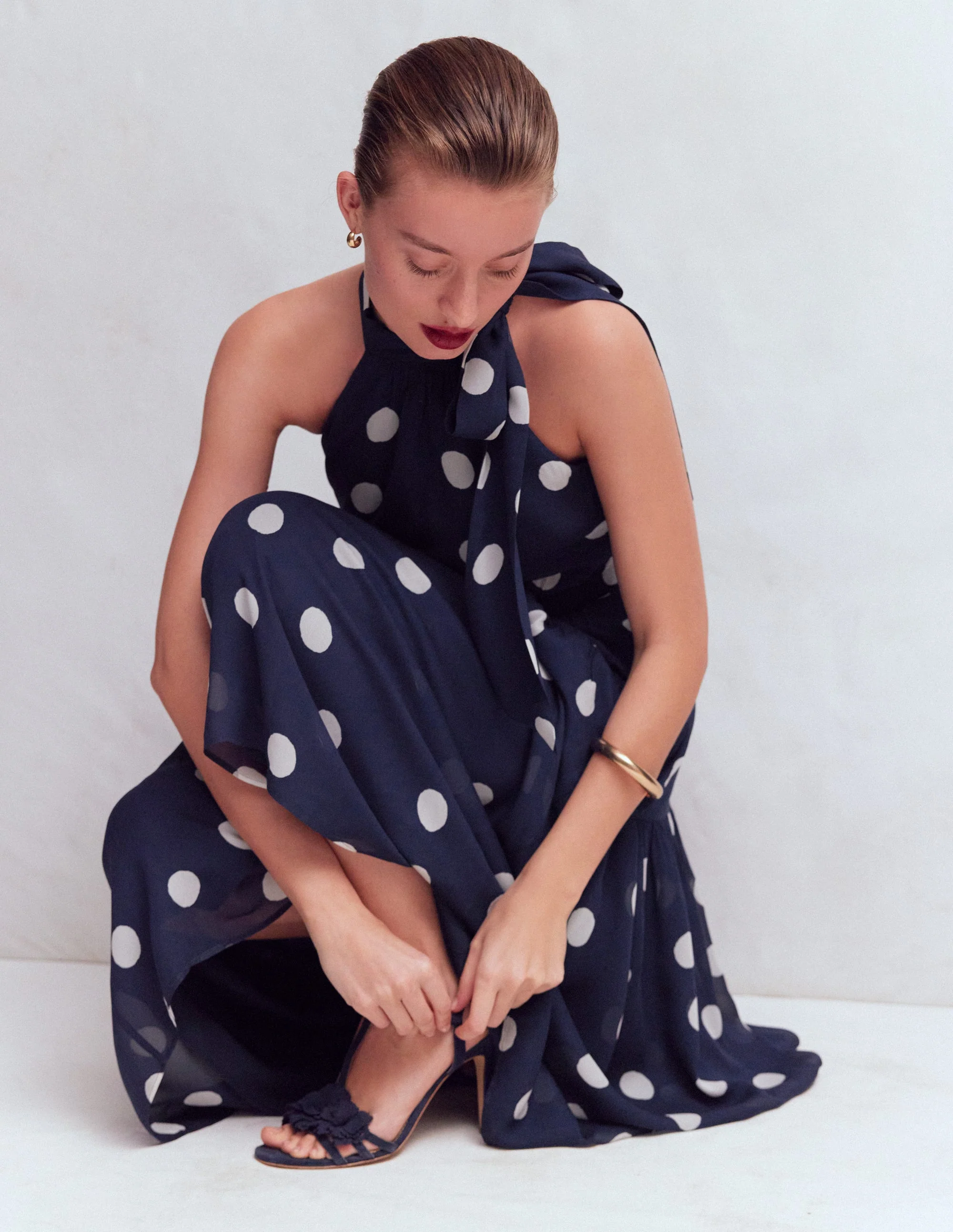 Roisin Tie Neck Maxi Dress-Navy Painted Dot Spaced
