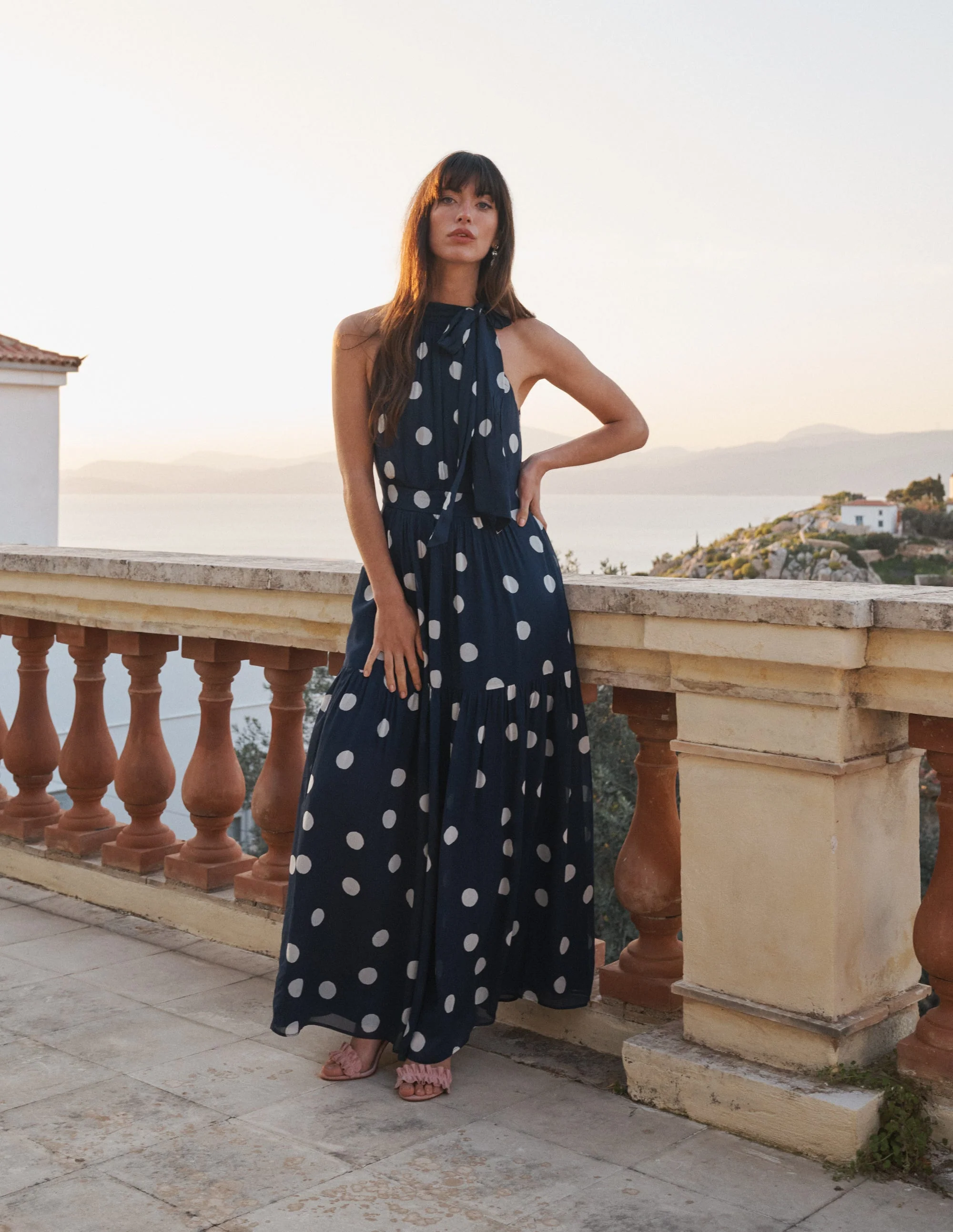 Roisin Tie Neck Maxi Dress-Navy Painted Dot Spaced - Image 5