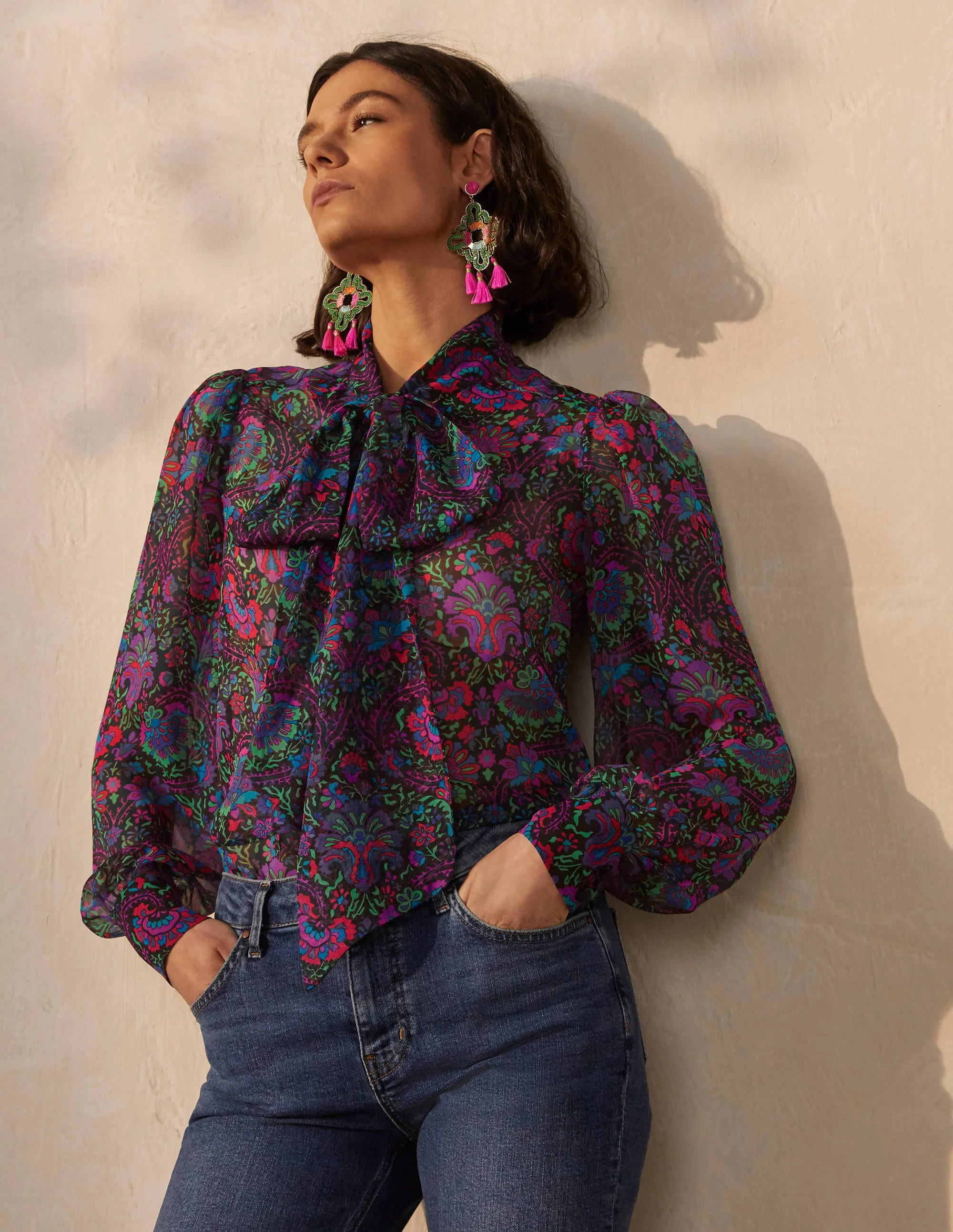 Rosaline Silk Blouse-French Navy, Opulent Bloom - Image 4