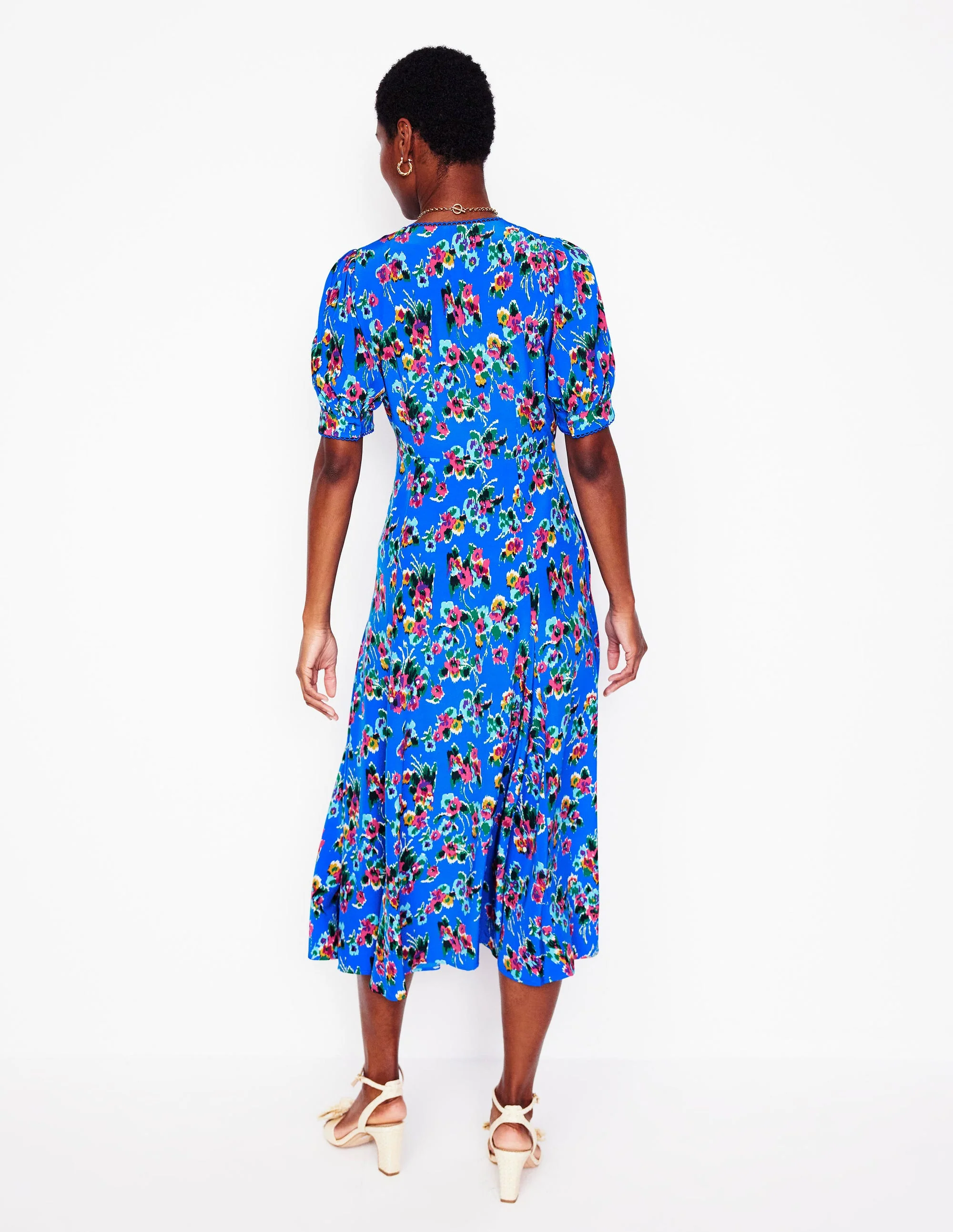 Rosie Godet Tea Dress-Gallery Blue, Abstract Posy - Image 3