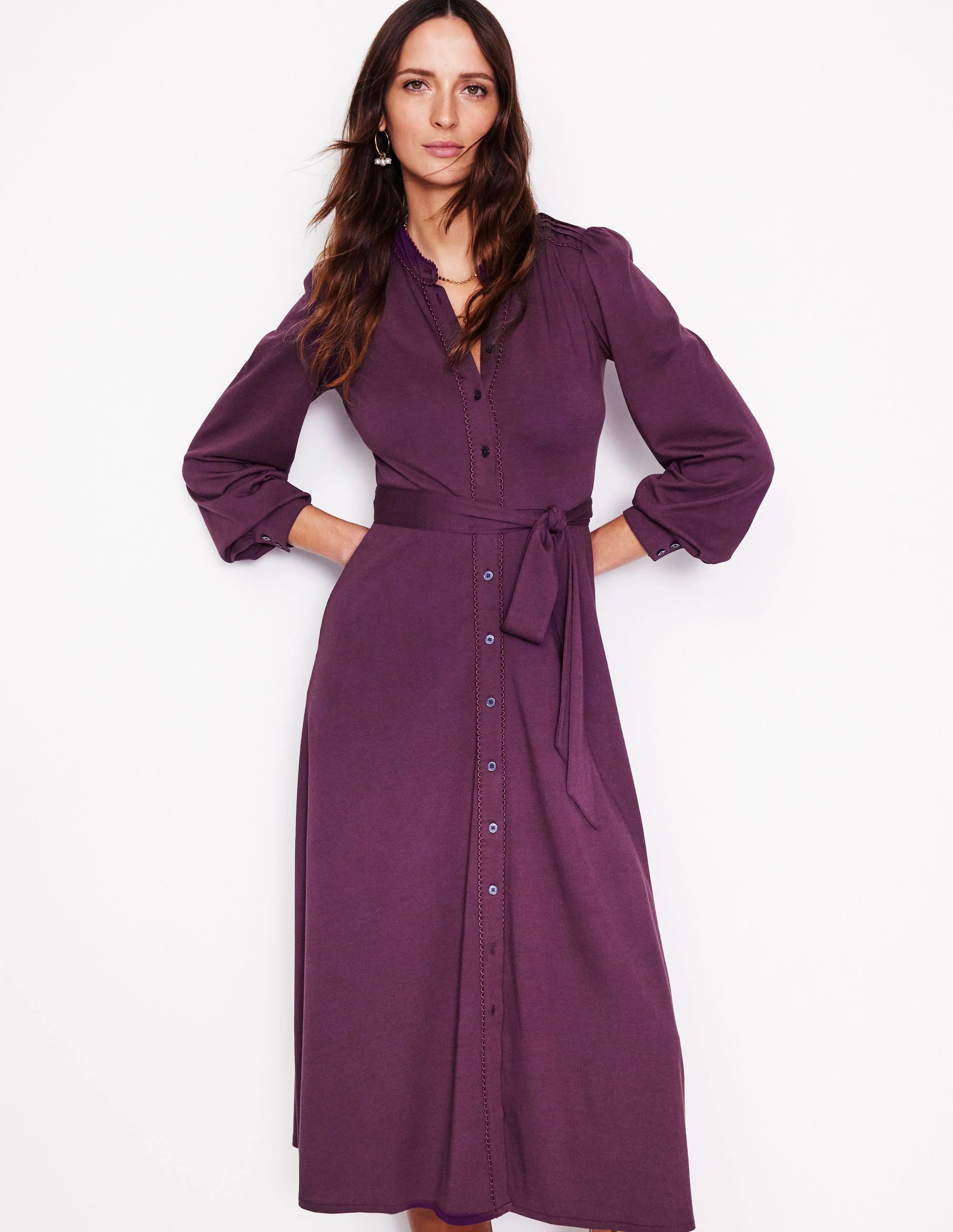 Rowena Trim Jersey Shirt Dress-Damson - Image 4
