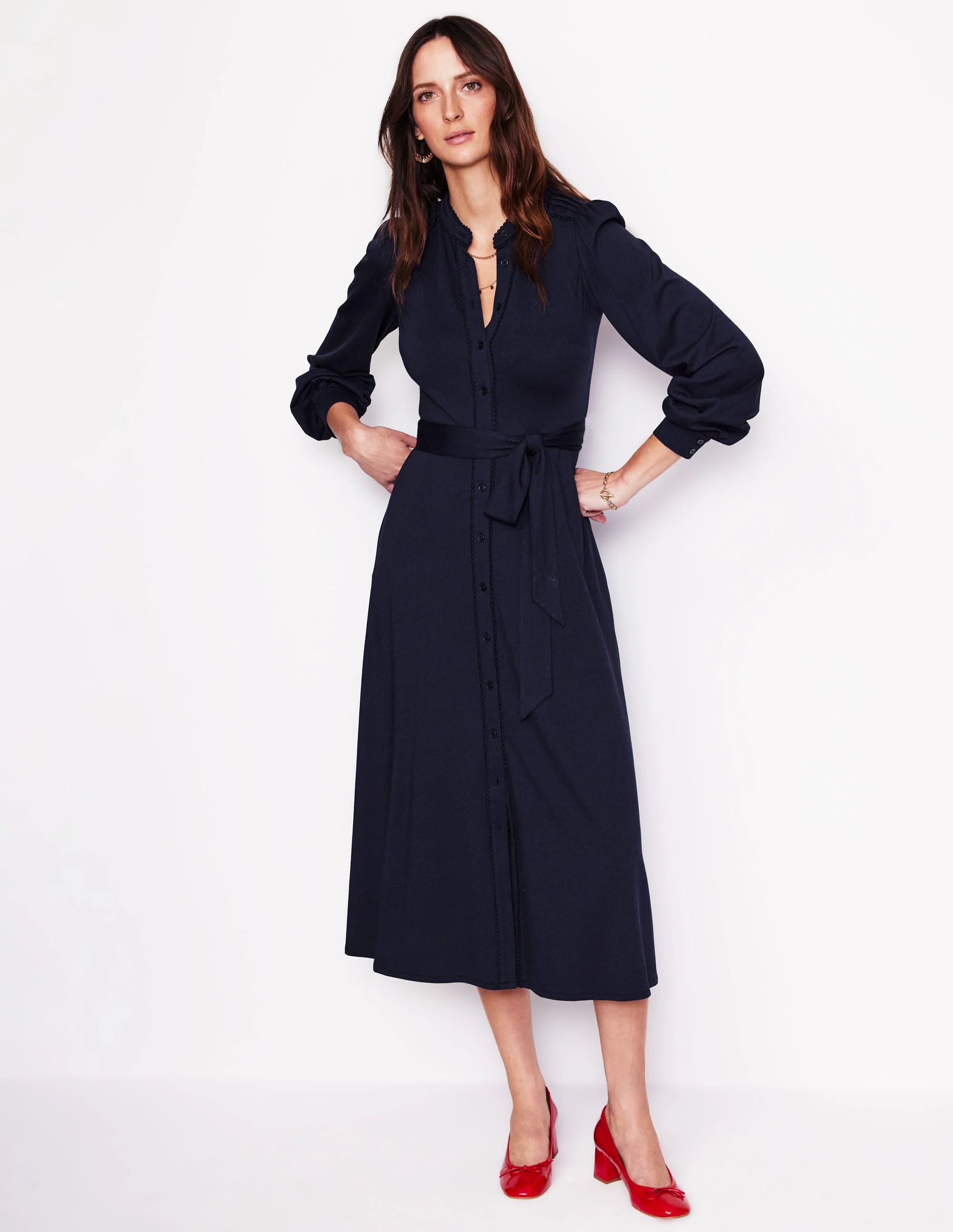 Rowena Trim Jersey Shirt Dress-Navy - Image 4