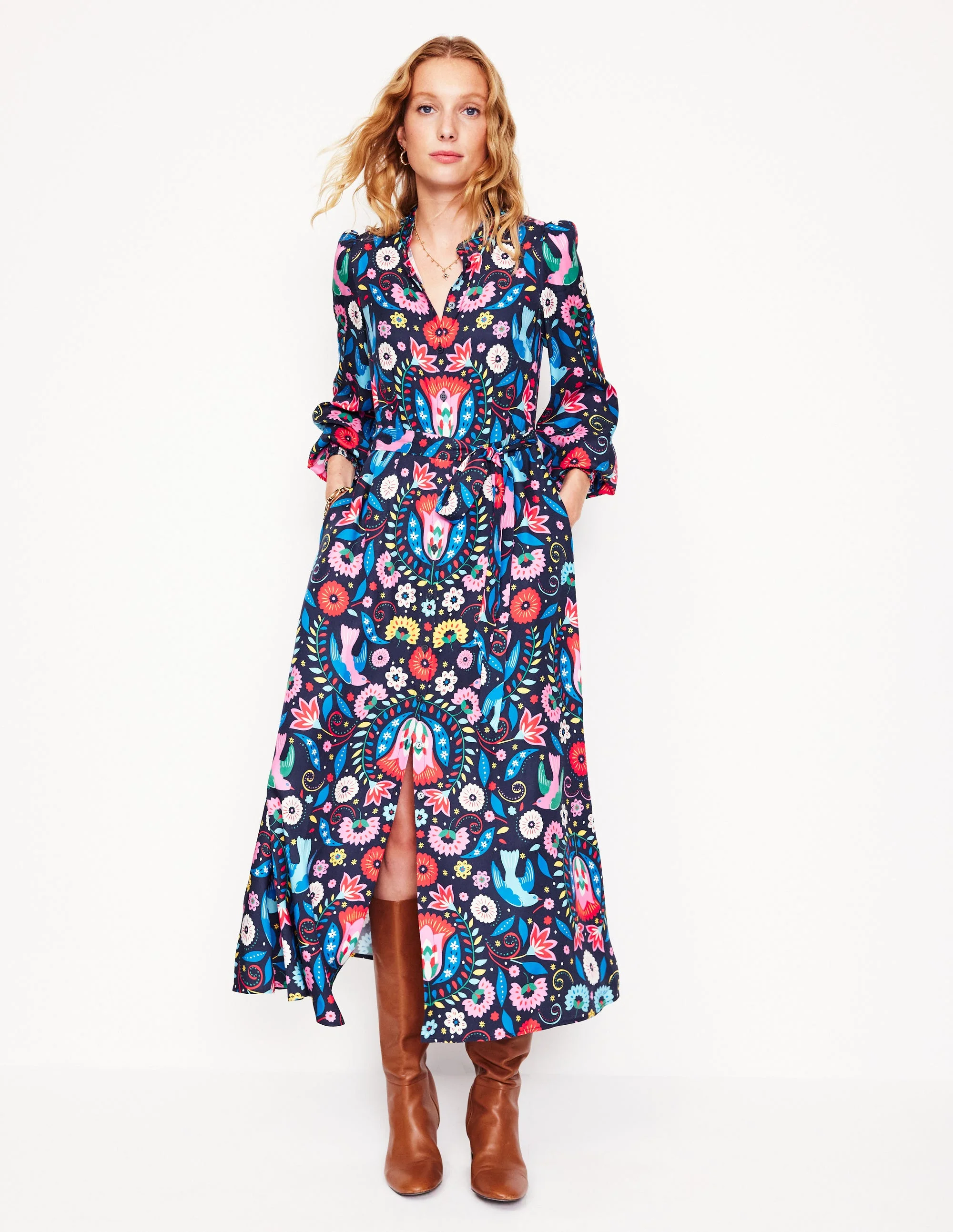 Ruby Collarless Shirt Dress-French Navy, Decorative Garden - Image 3