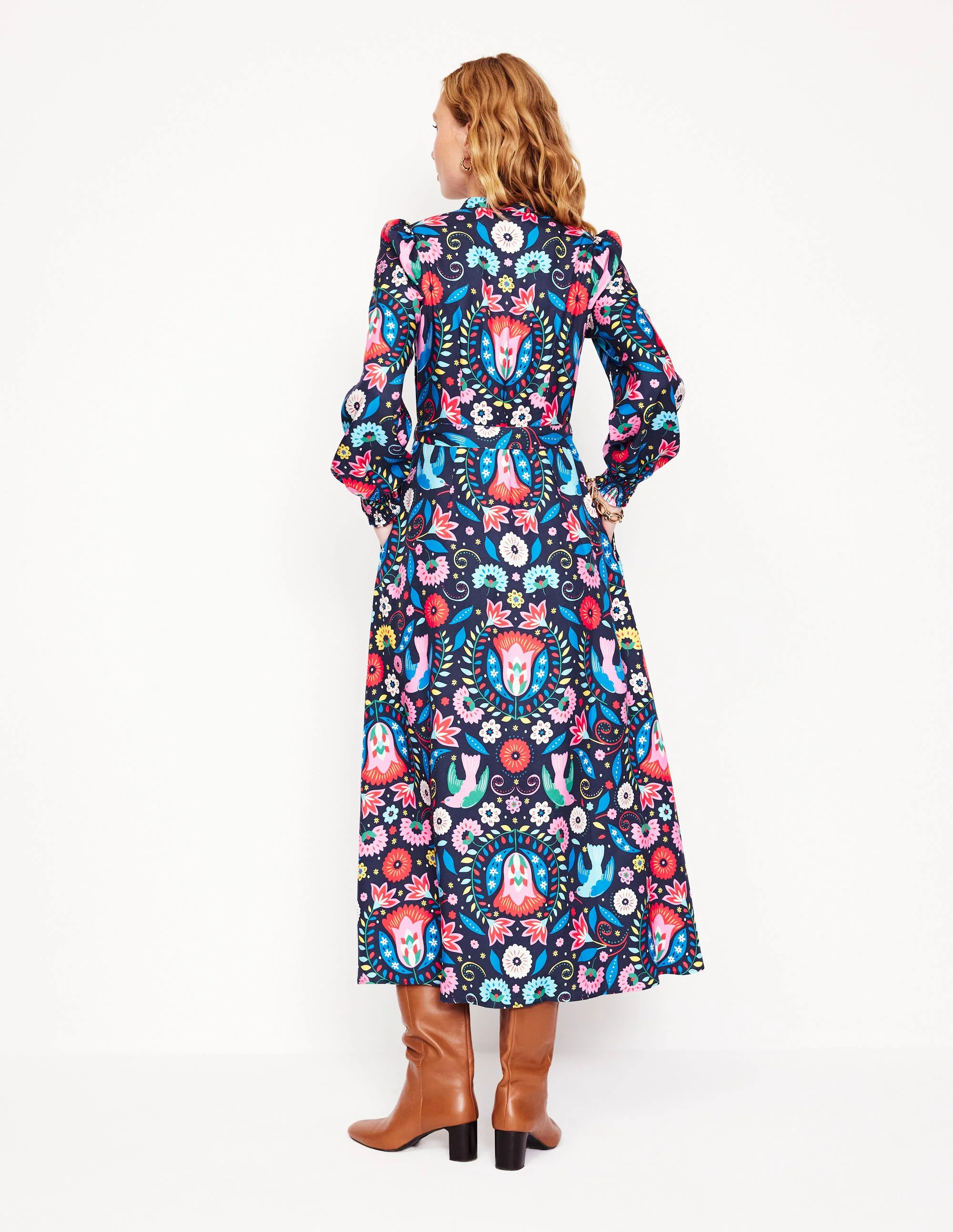 Ruby Collarless Shirt Dress-French Navy, Decorative Garden - Image 5