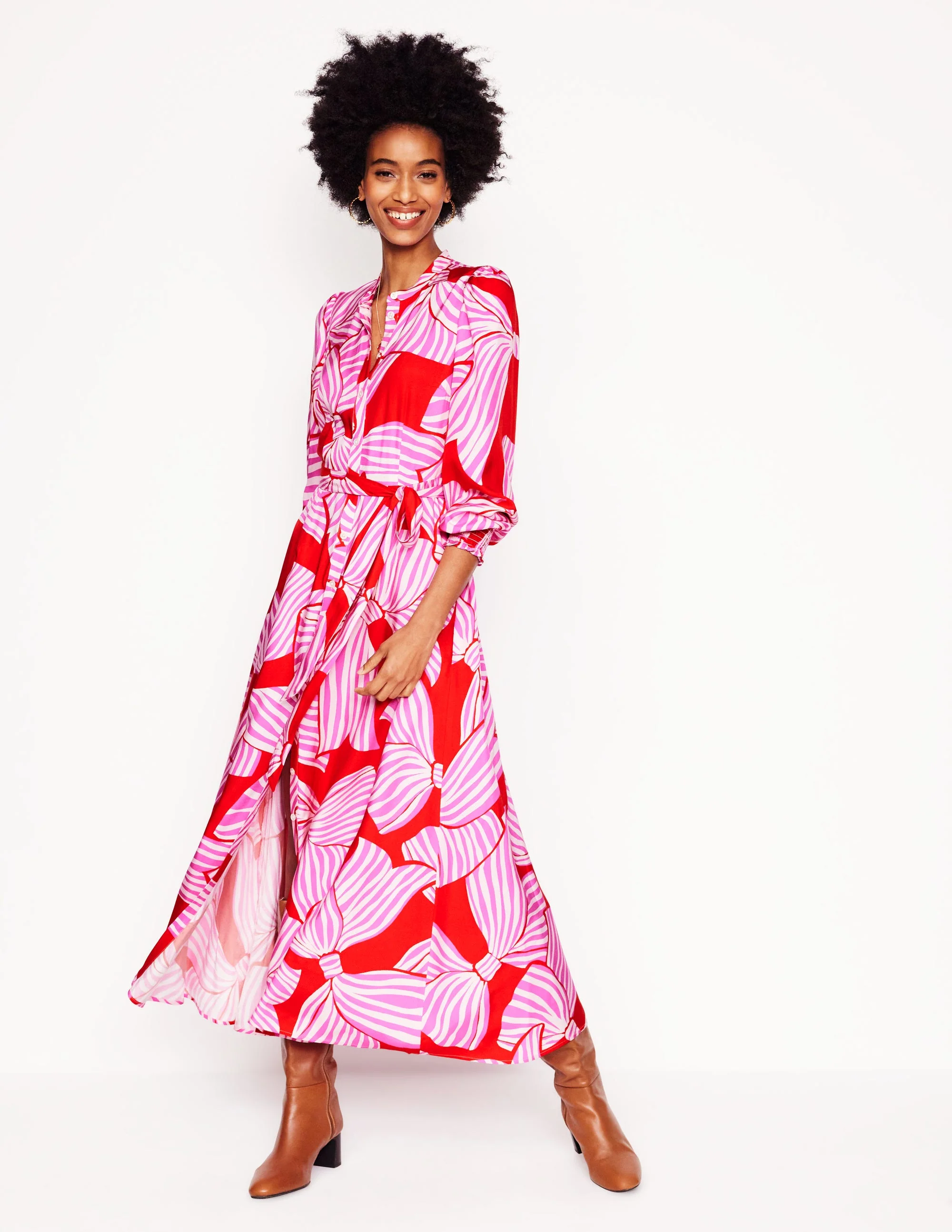 Ruby Collarless Shirt Dress-Rouge, Bow Scatter - Image 2