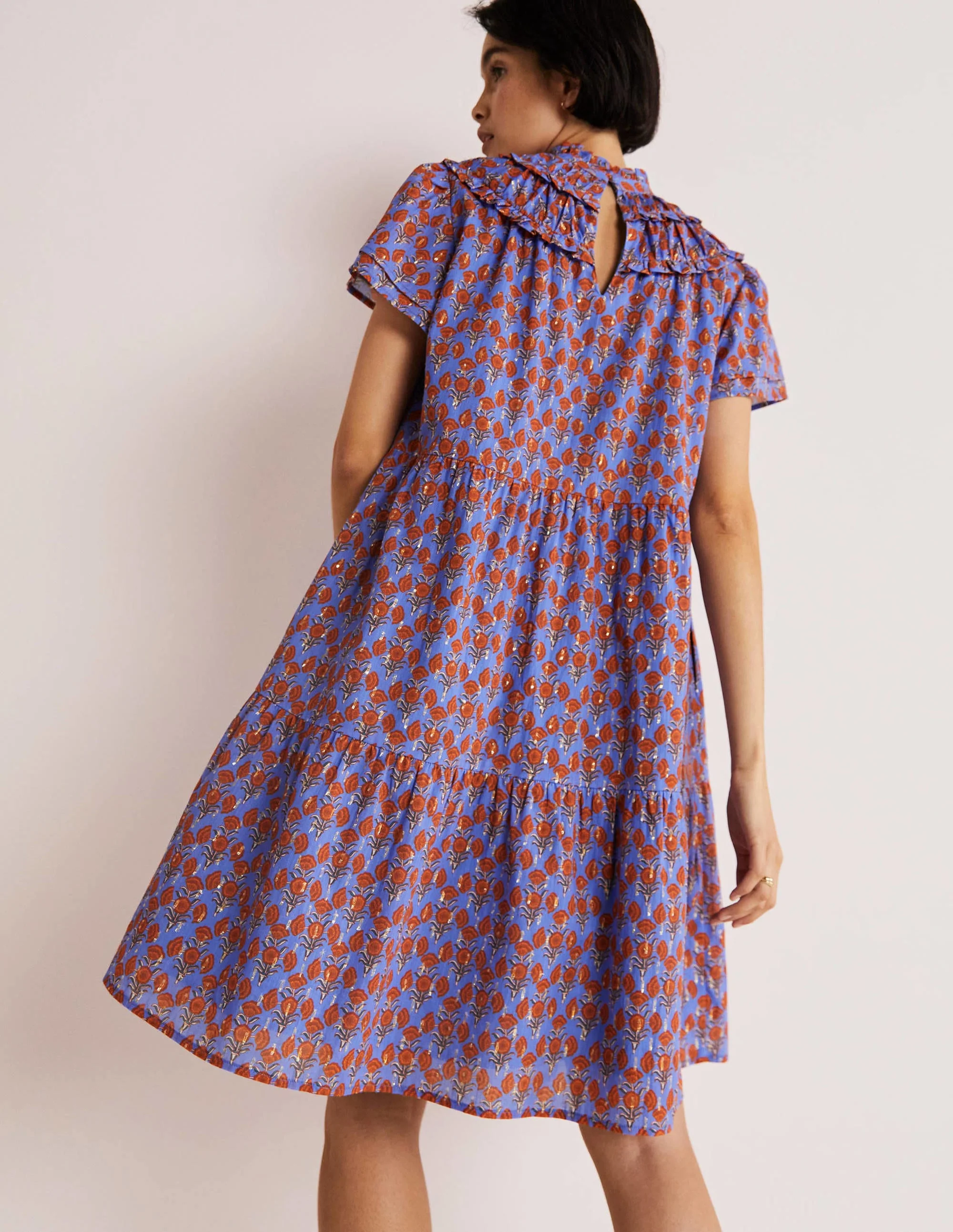 Ruched Detail Metallic Dress-Mosaic Blue, Poppy Geo - Image 3