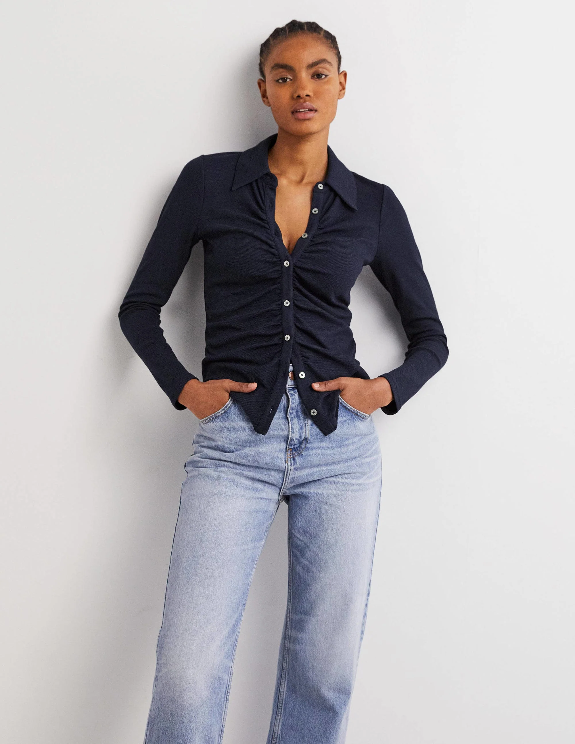 Ruched Front Jersey Shirt-Navy - Image 4