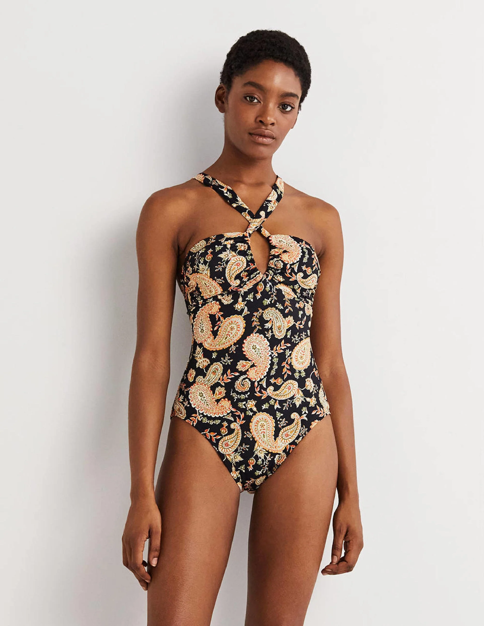 Ruched Halterneck Swimsuit-Black, Paisley Passion