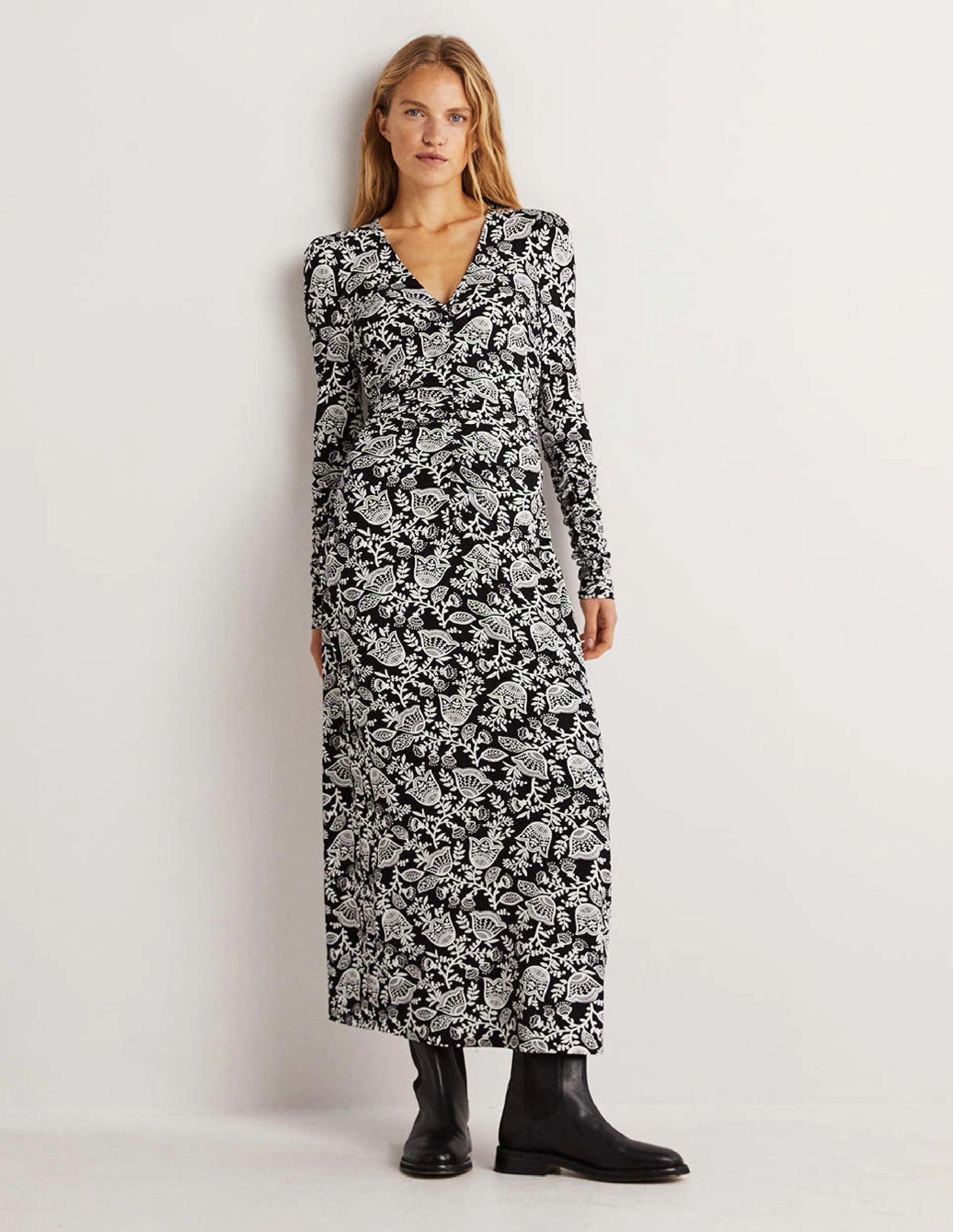 Ruched Jersey Midi Dress-Black and Ivory, Tulip Vine