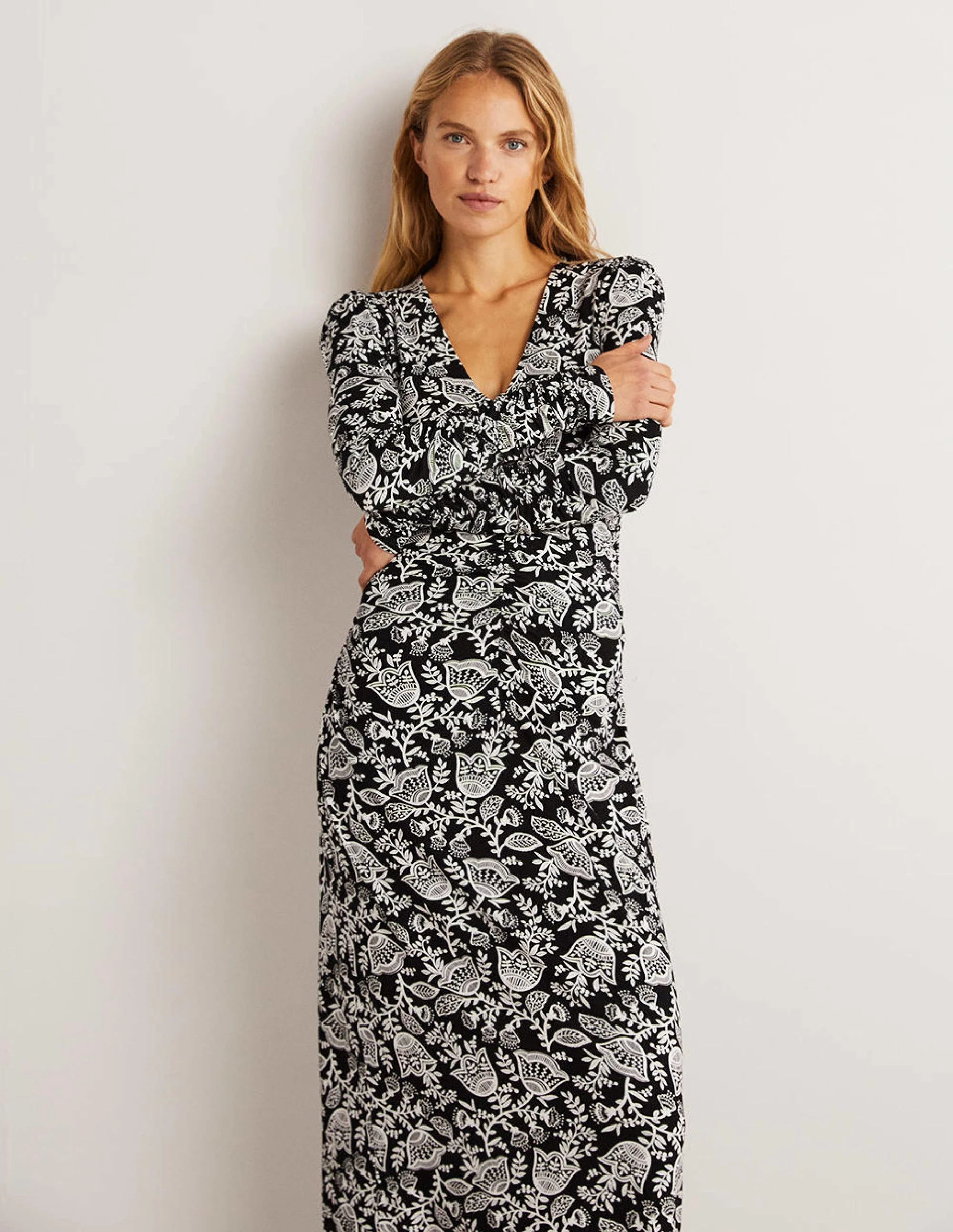 Ruched Jersey Midi Dress-Black and Ivory, Tulip Vine - Image 4