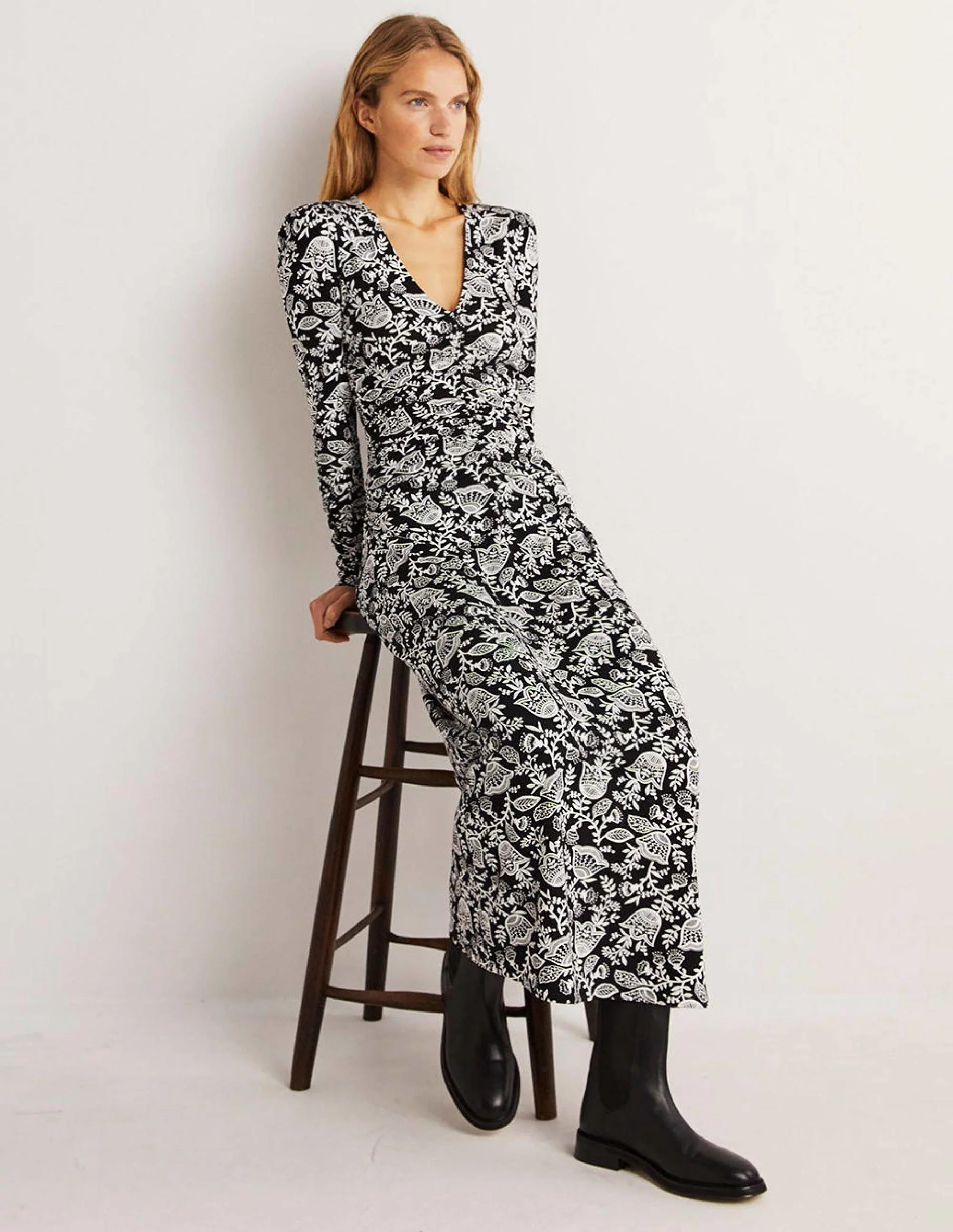 Ruched Jersey Midi Dress-Black and Ivory, Tulip Vine - Image 5