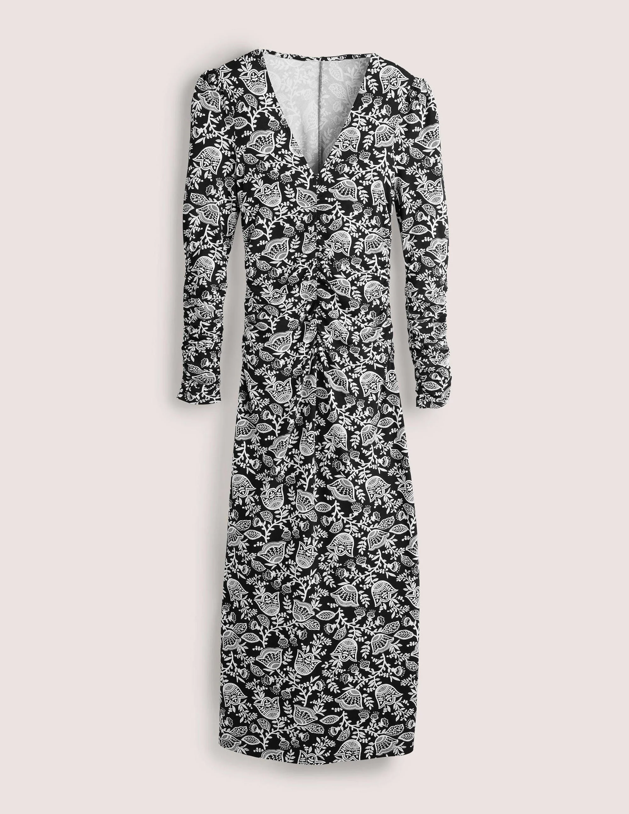 Ruched Jersey Midi Dress-Black and Ivory, Tulip Vine - Image 6